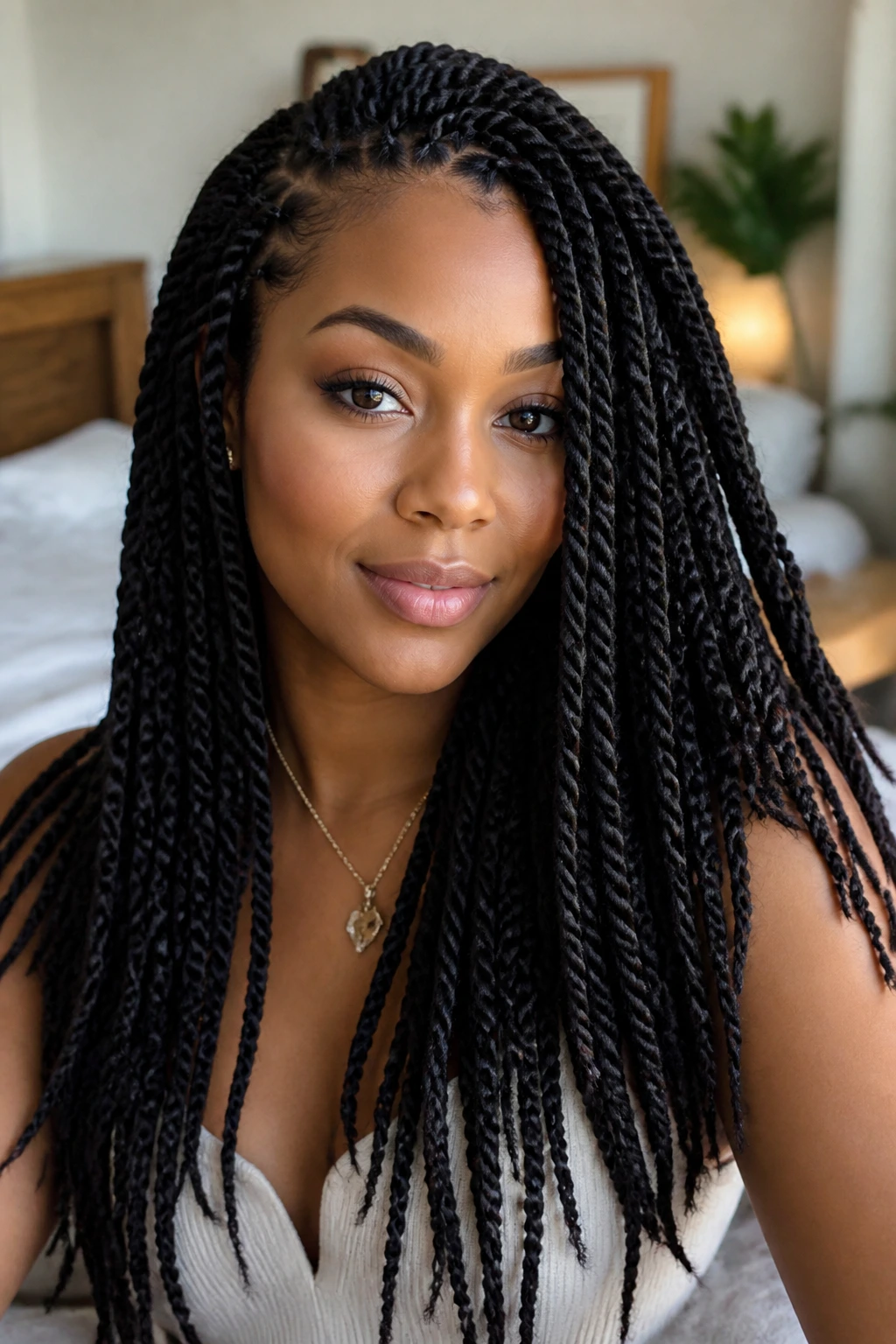 Close-up of a real Black woman with long two-strand twists, highlighting a protective hairstyle.