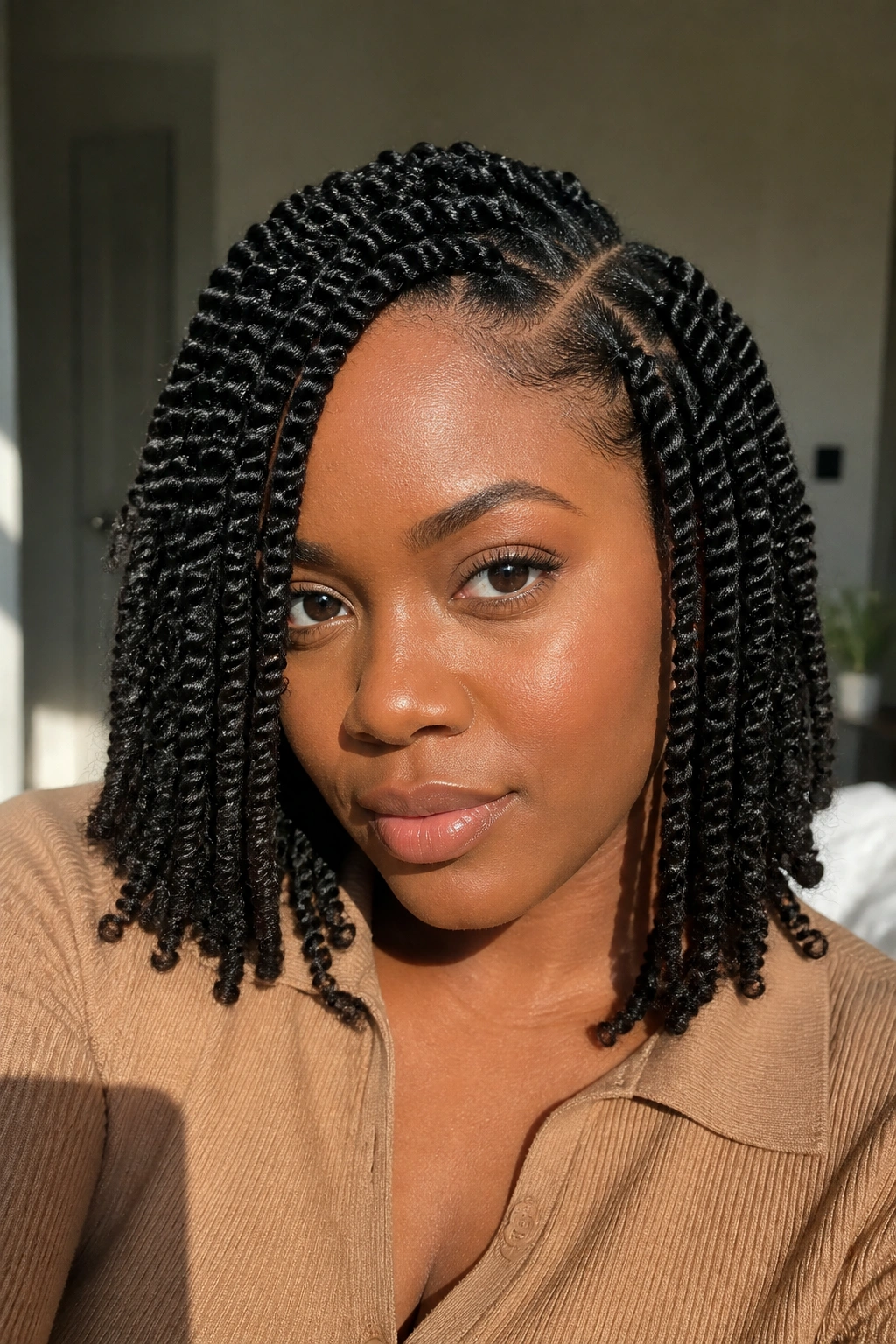 Close-up of a real person with two-strand twists and a deep side part