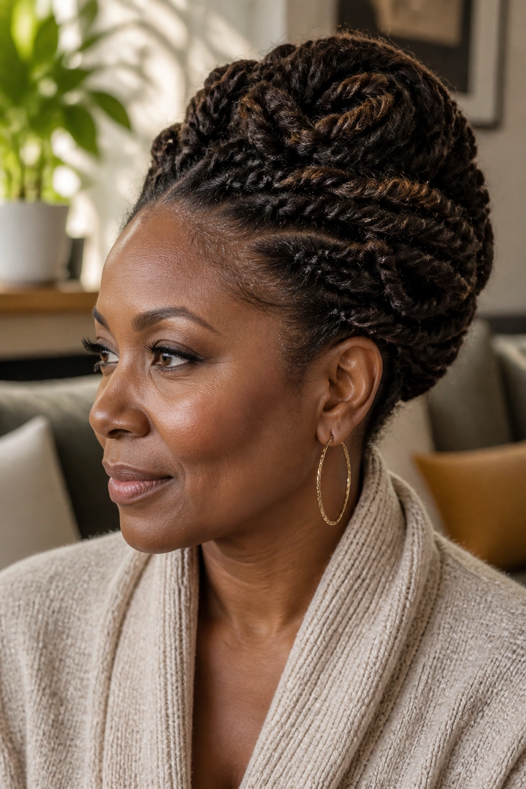 Real woman with two-strand twist updo in cozy living room light