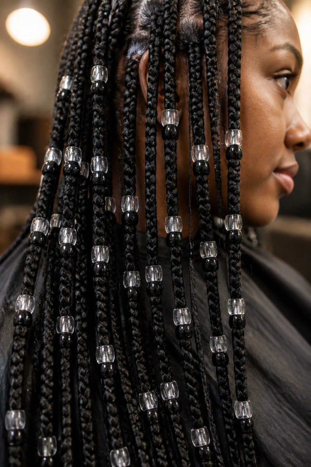 Close-up of box braids with repeating two-tone bead pairs along their length on a real person