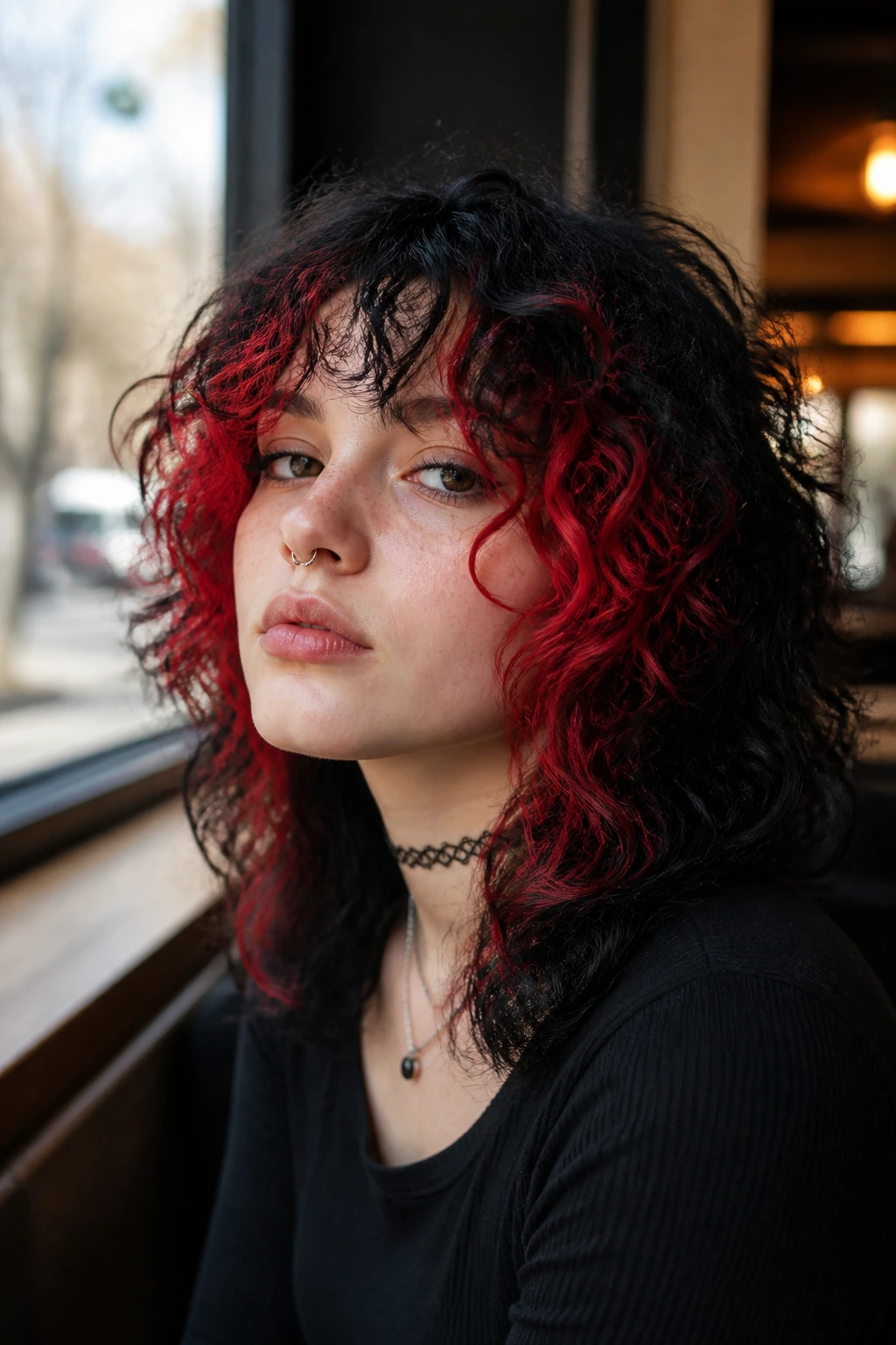 Close-up portrait of a real person with two-tone black and cherry red emo wolf cut.