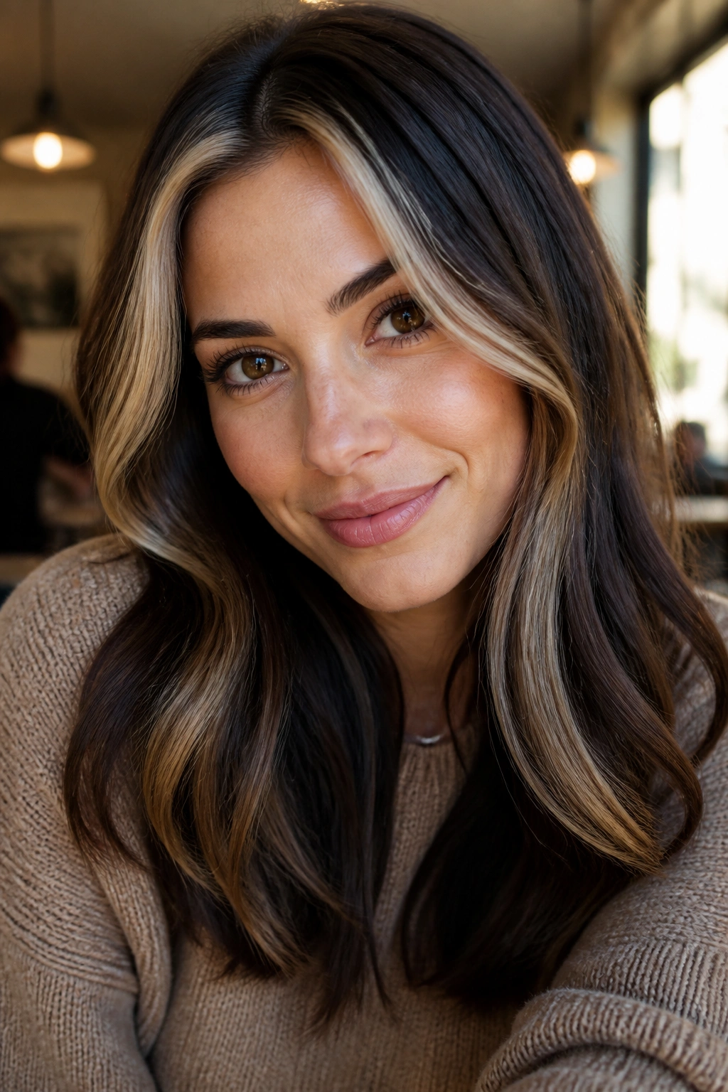 Portrait of brunette with two-tone front pieces: warm near hairline and light behind