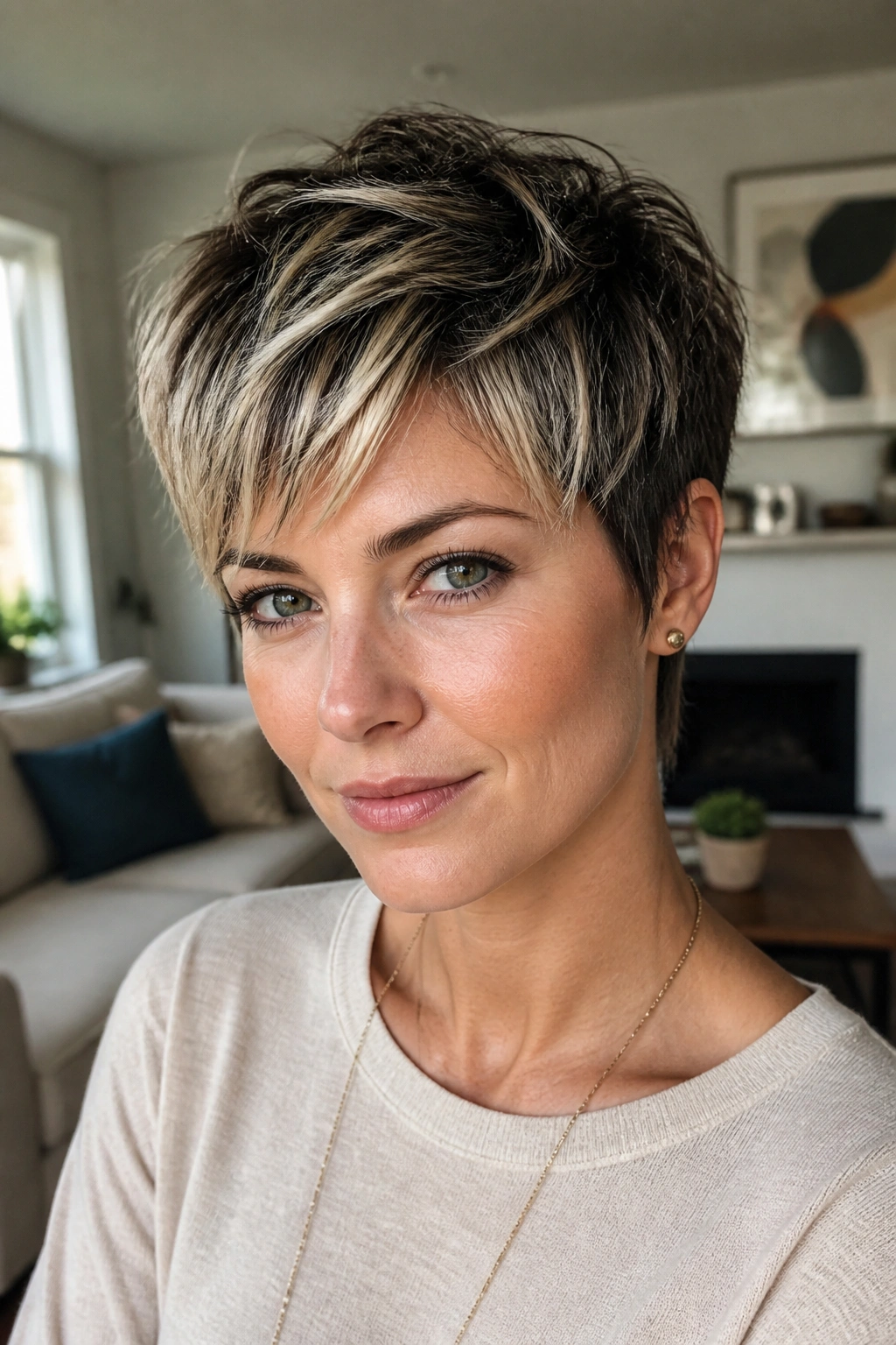 Portrait of real person with two-tone pixie showing dark roots and light tips