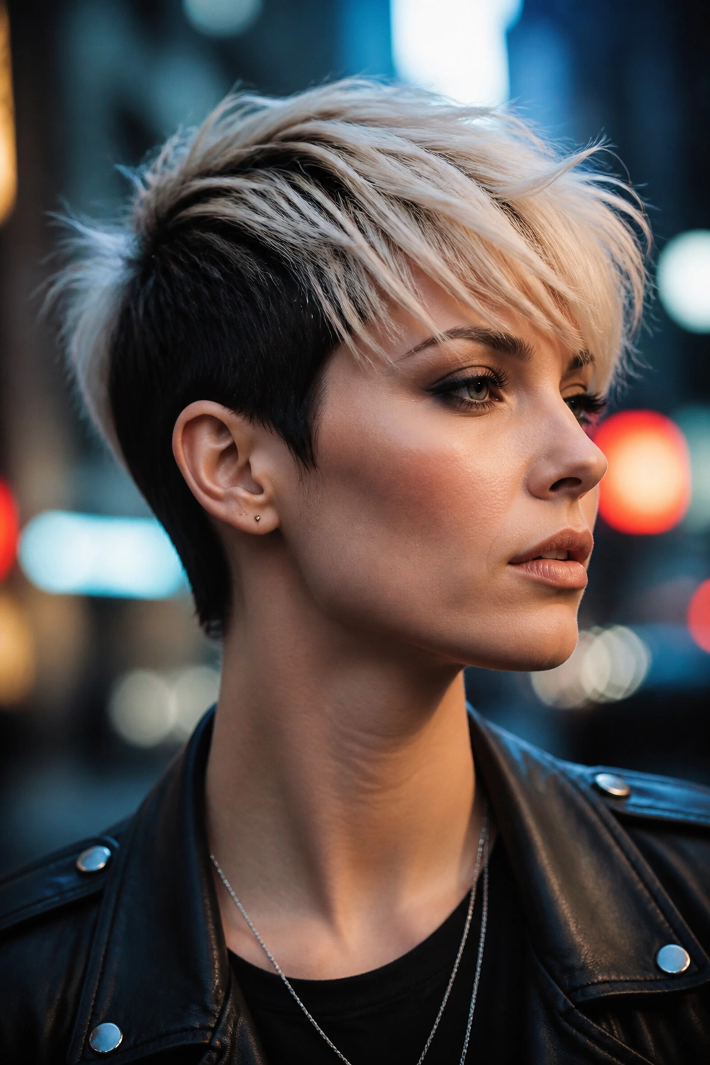 Portrait of a woman with two-tone pixie color block outdoors at blue hour