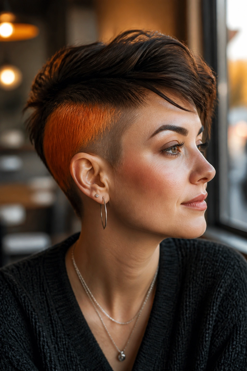 Close-up of a real woman with a two-tone pixie featuring copper color panel on shaved side, top swept for contrast, in a cozy cafe