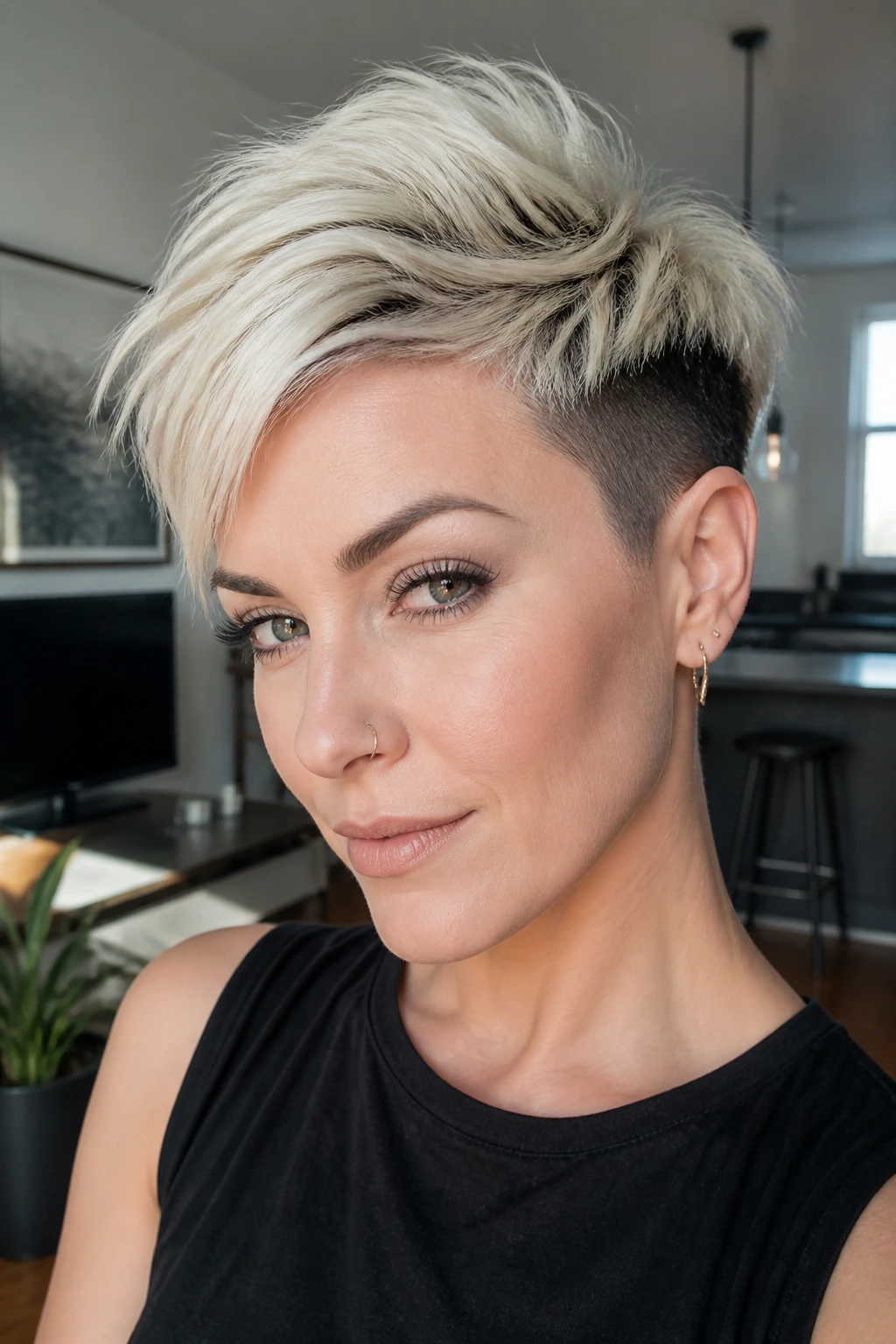 Close-up of a real woman with two-tone pixie hair, dark undercut and platinum crown