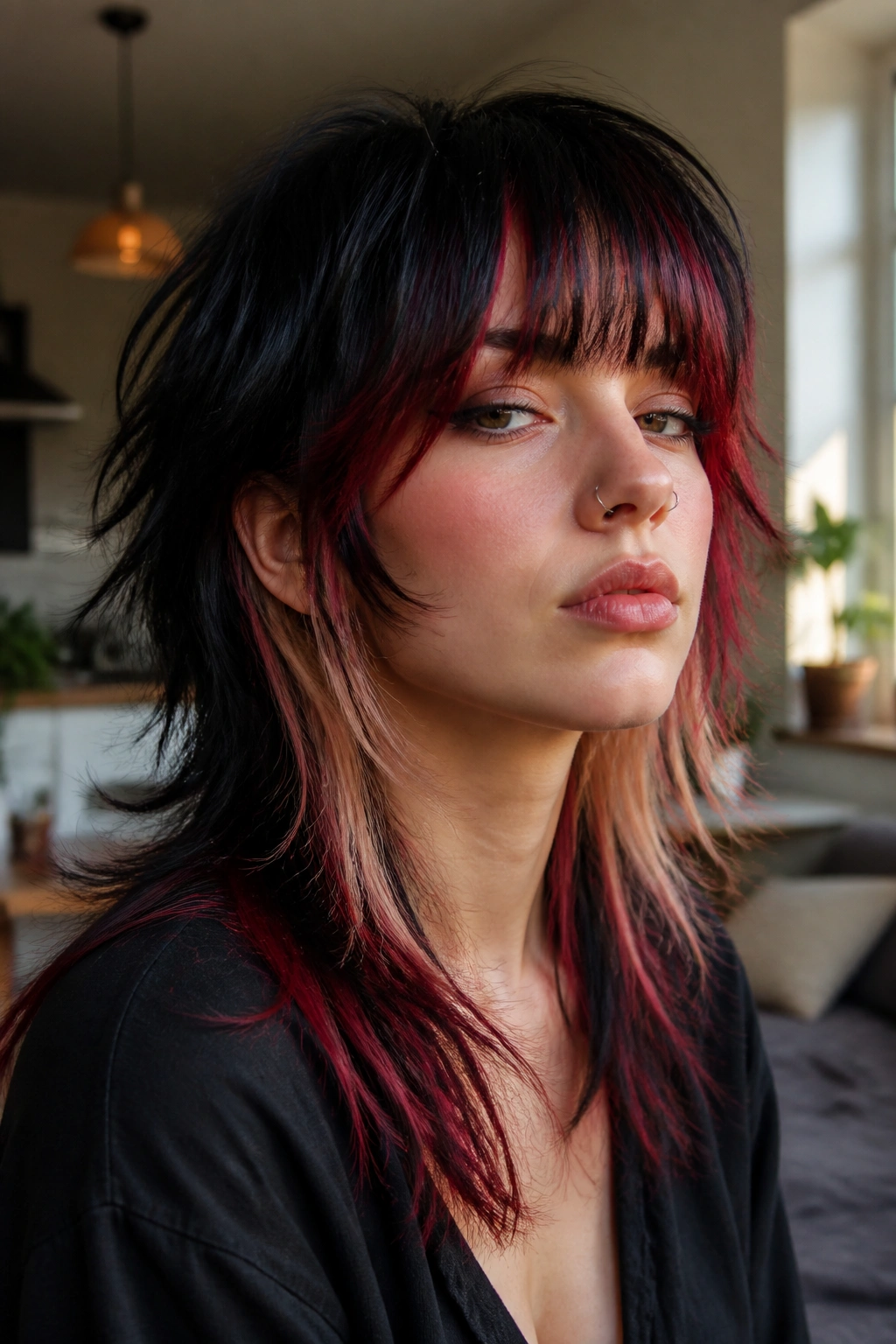 Close-up of a real woman with a two-tone wolf cut featuring dark roots and lighter panels