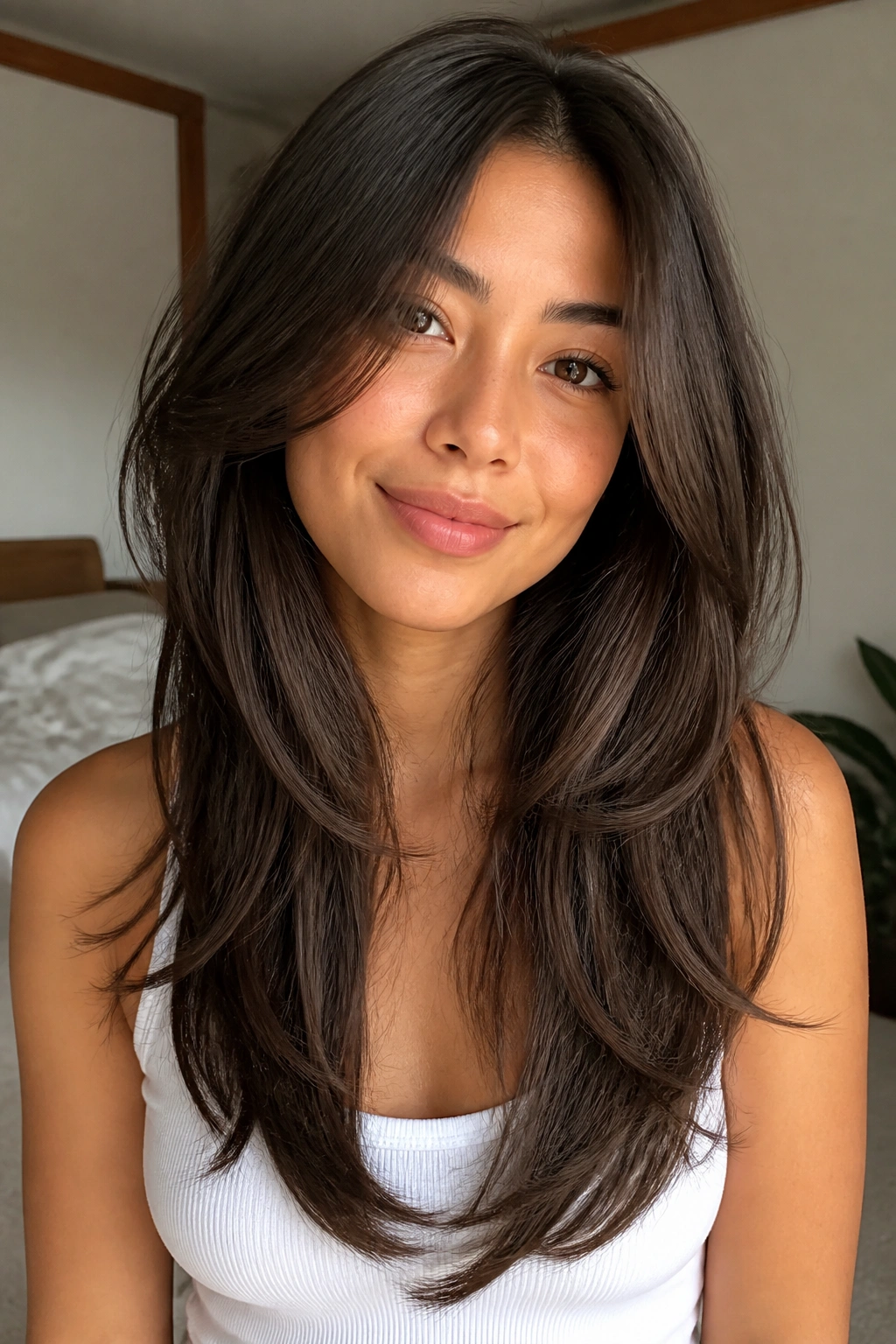 Close-up portrait of a real woman with a U-cut hairstyle featuring soft interior movement along the ends.