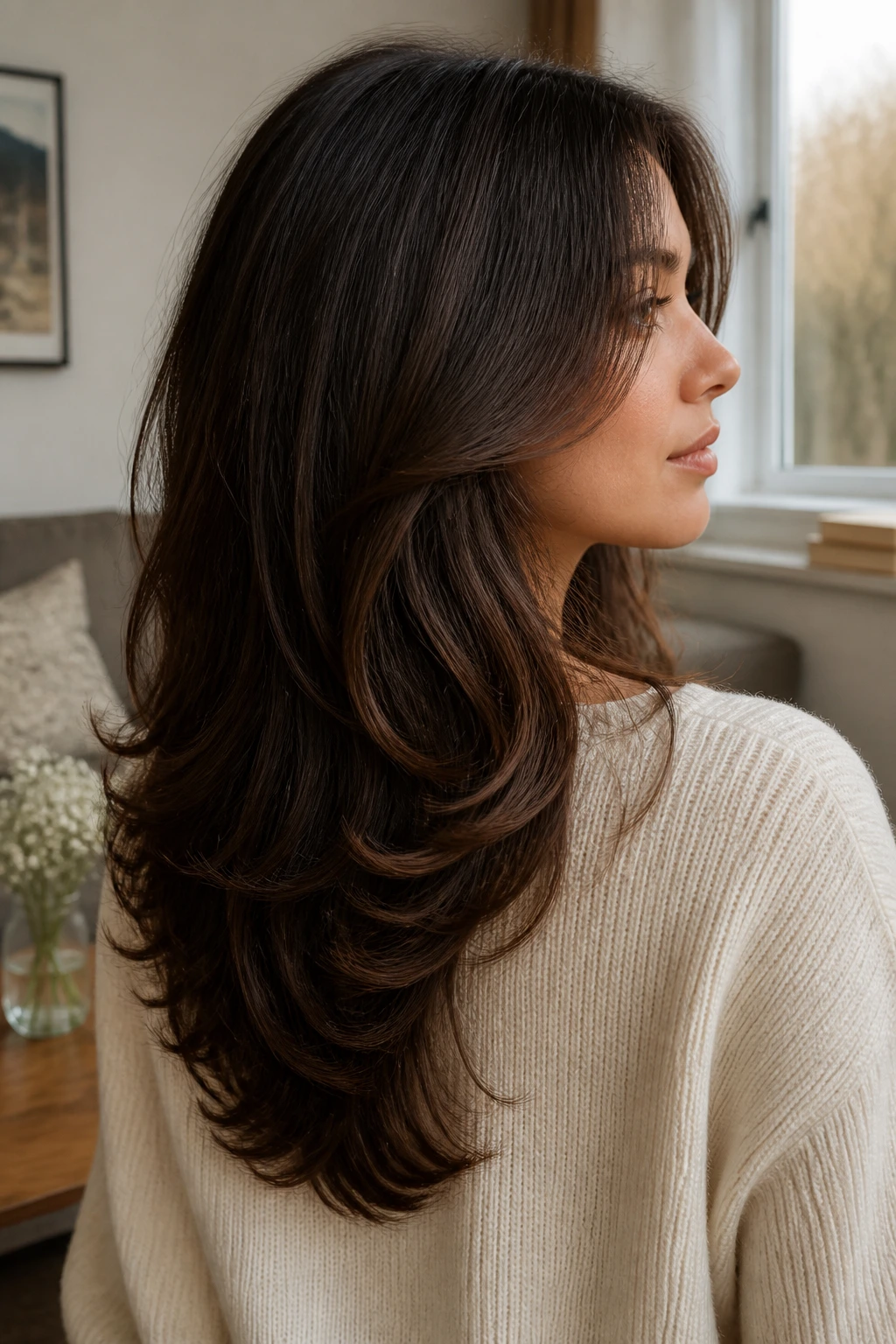 Side profile of a woman with softly layered U-cut showing curved back layers