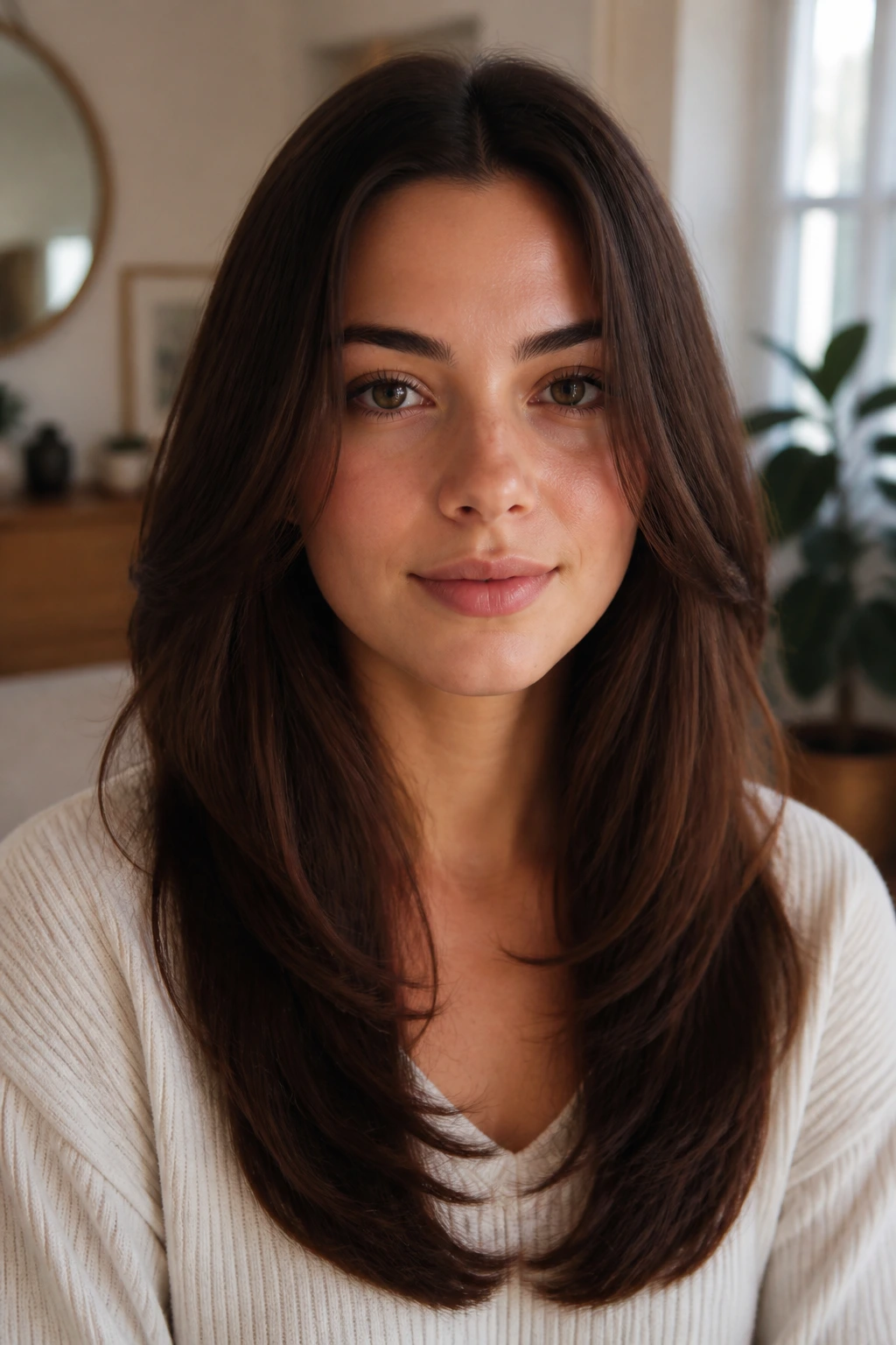 Real woman with long hair in a rounded U-cut portrait