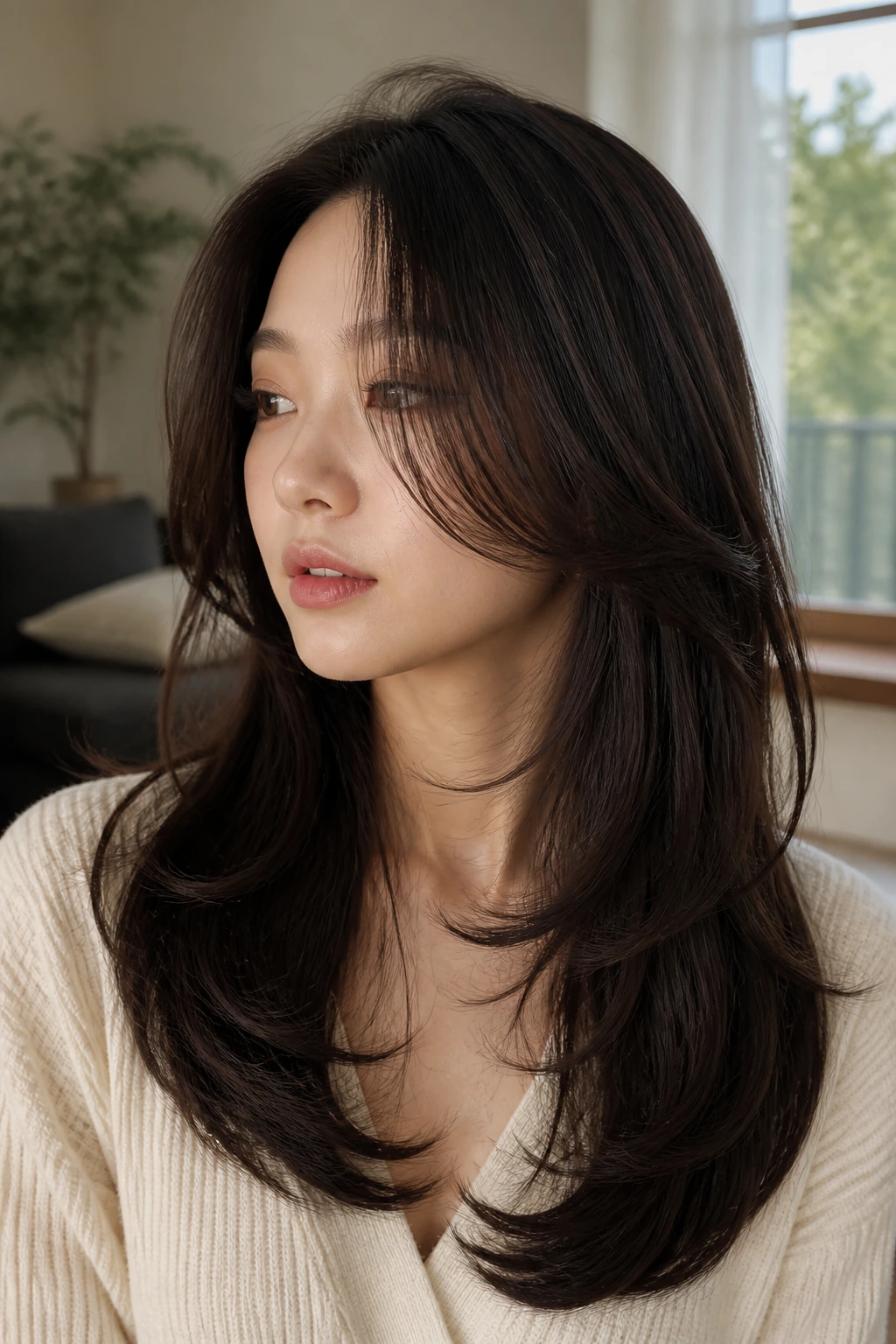 Close-up portrait of a real woman with U-cut layers and natural movement