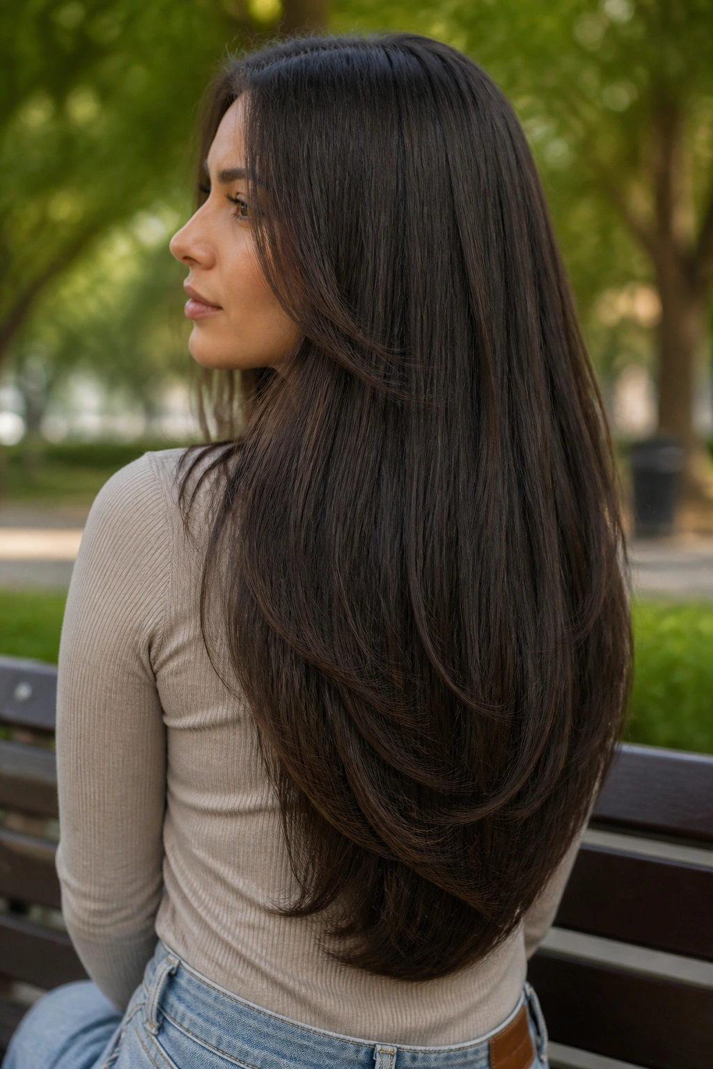 Close-up of a real woman with a long hair U-cut showing a gentle back curve.