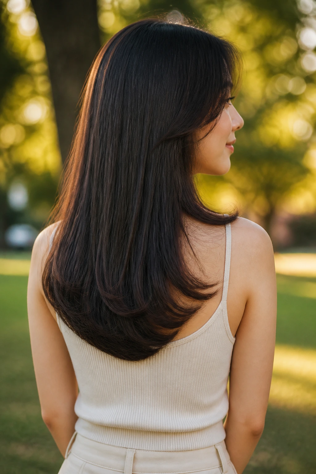Back of head portrait showing a U-cut with bent ends on long hair