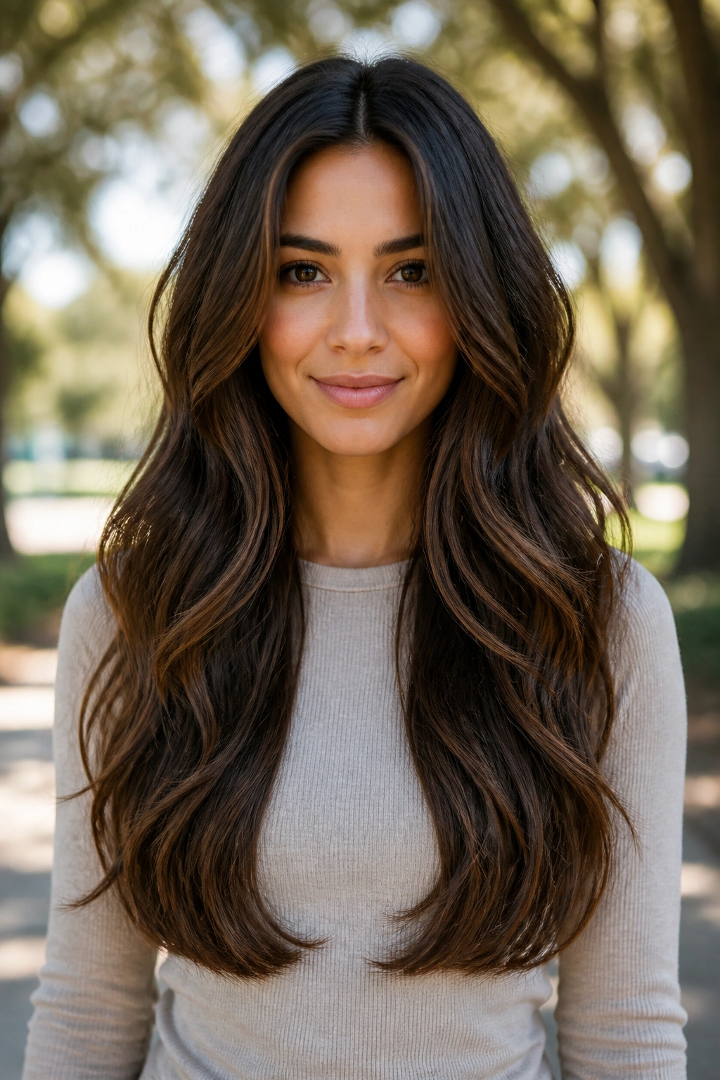Close-up of a real woman with long wavy hair in a U-cut