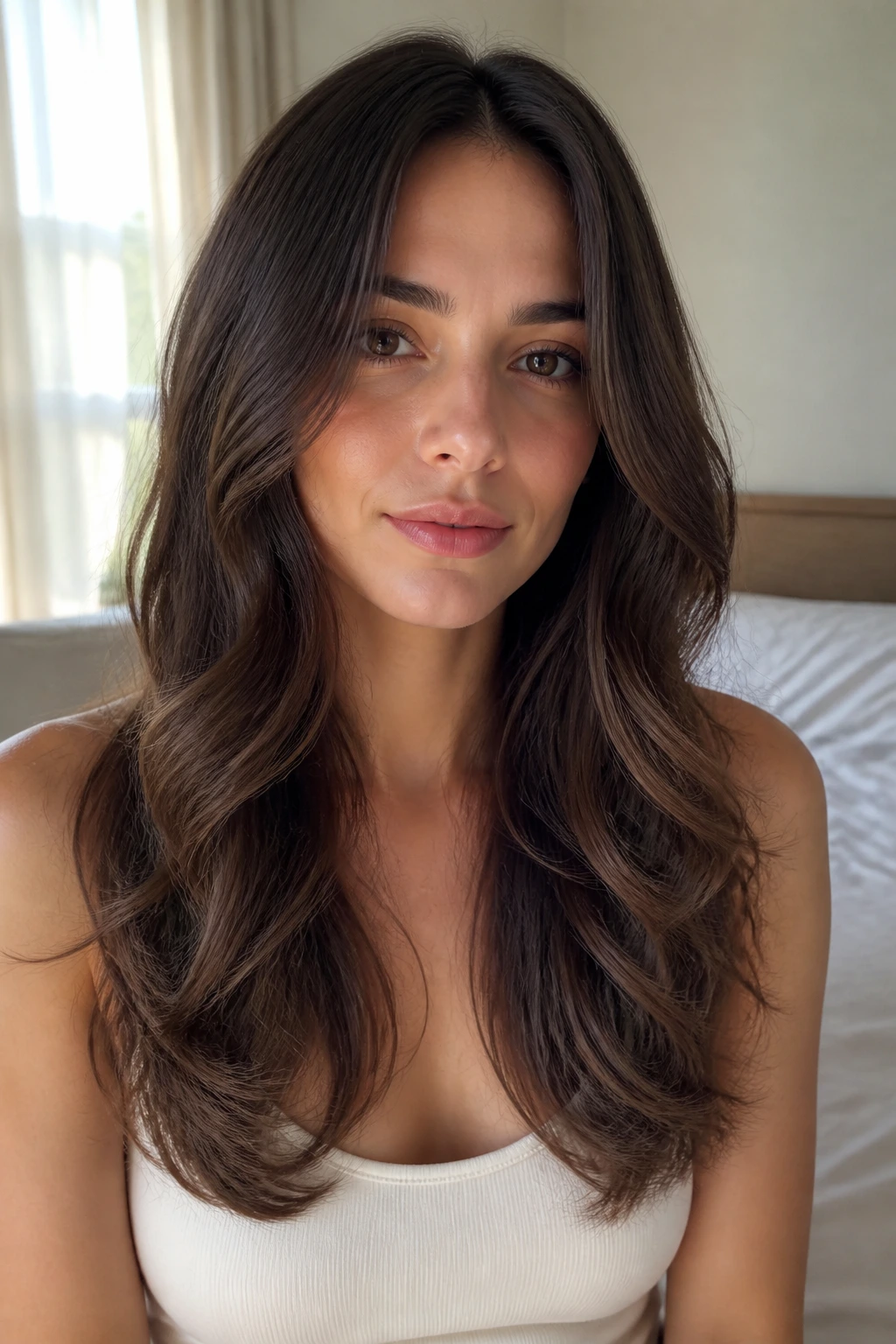 Close-up of real woman with long hair in a U-cut and soft waves
