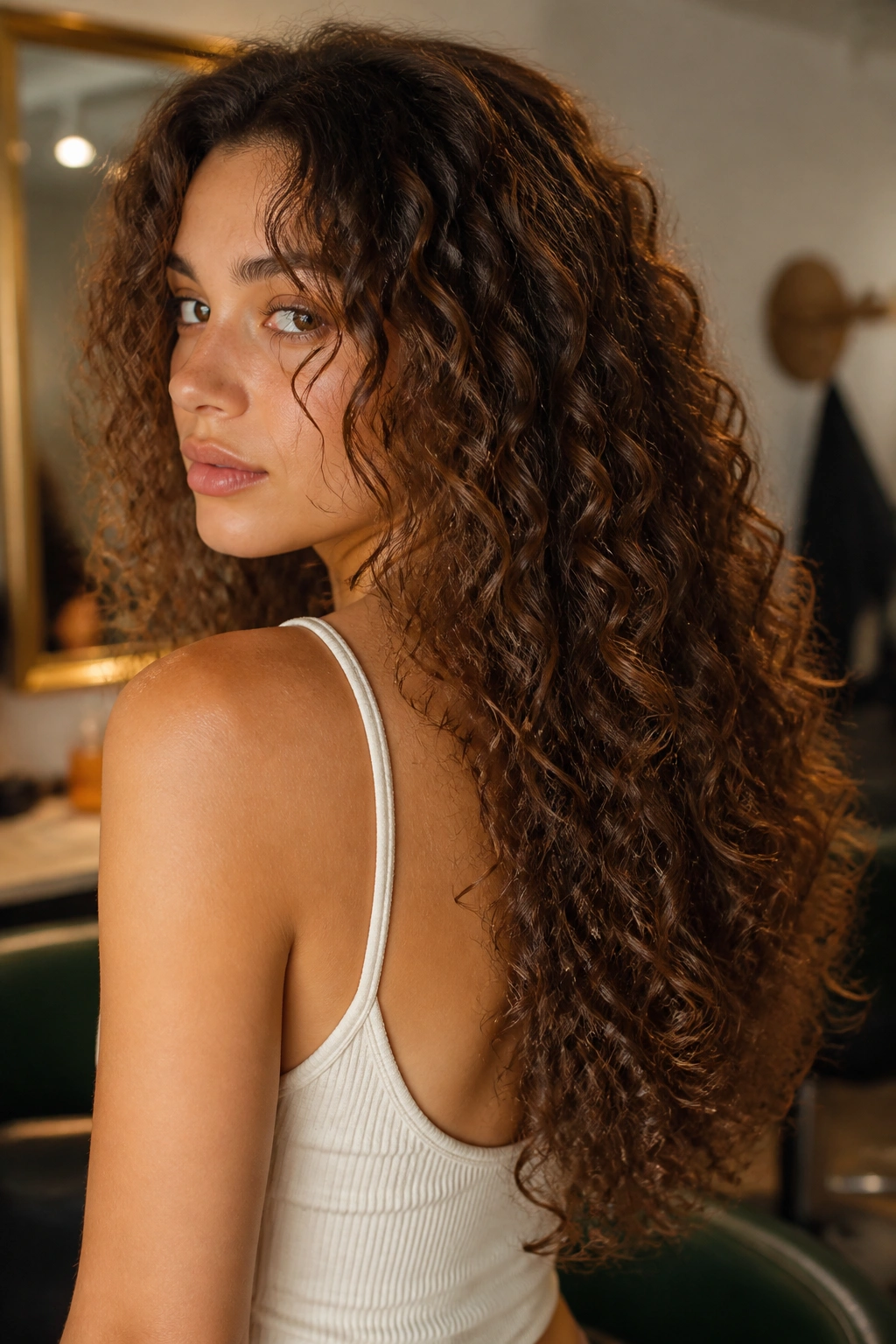 Portrait showing a U-shaped back with long front pieces framing the face