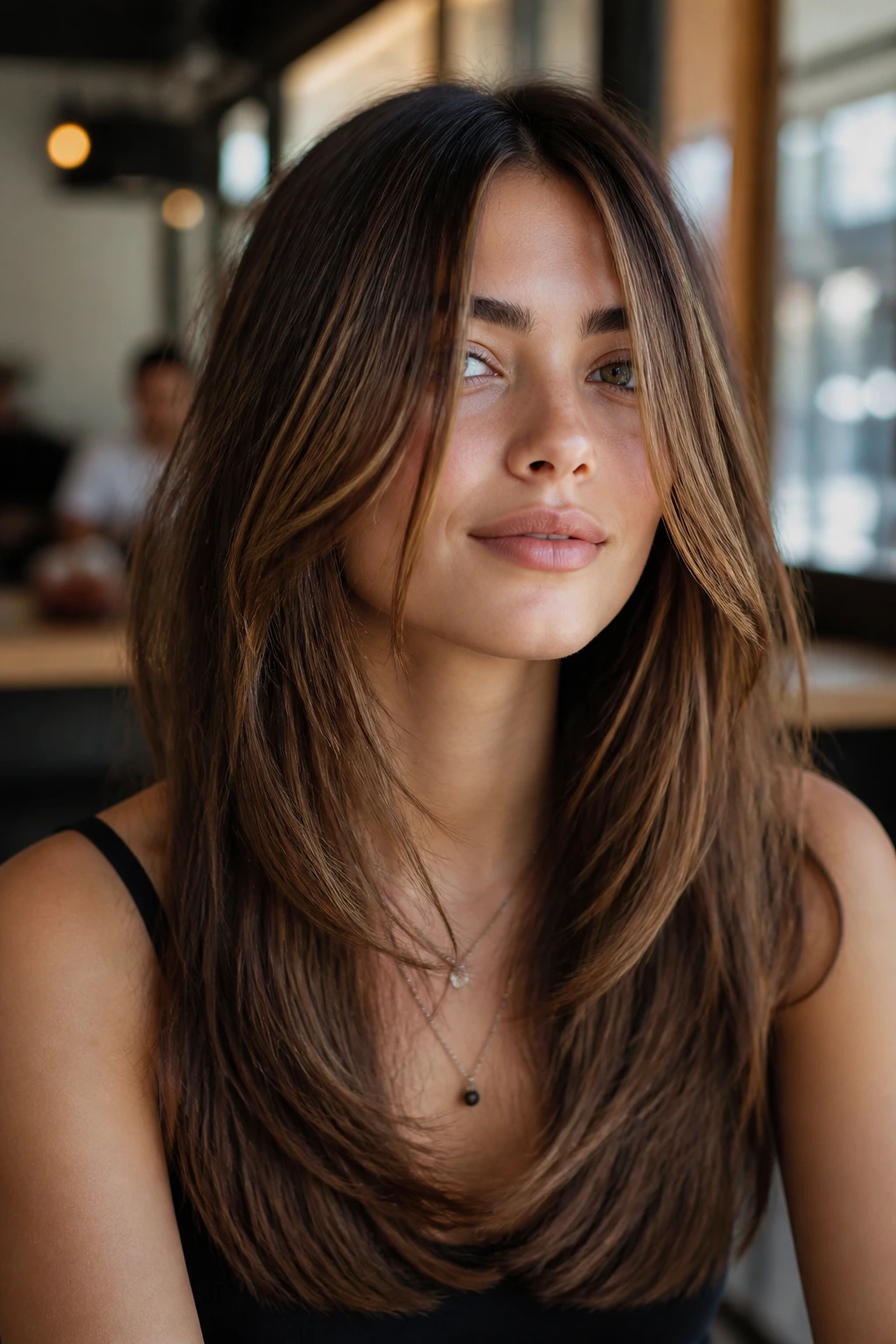 Portrait of a real woman with a U-shaped cut and piecey front layers.