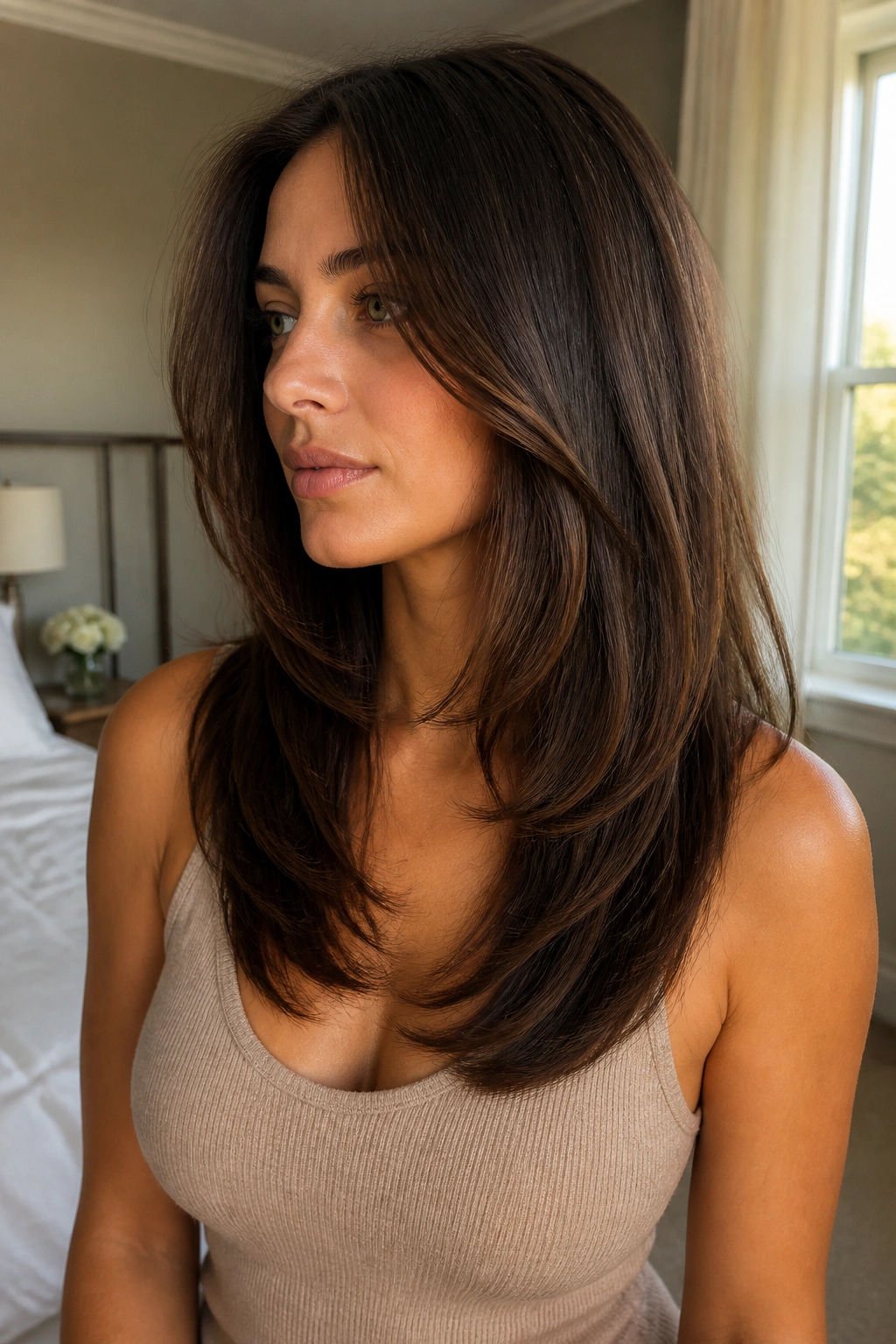 Real woman with U-shape cut showing curved front and longer back