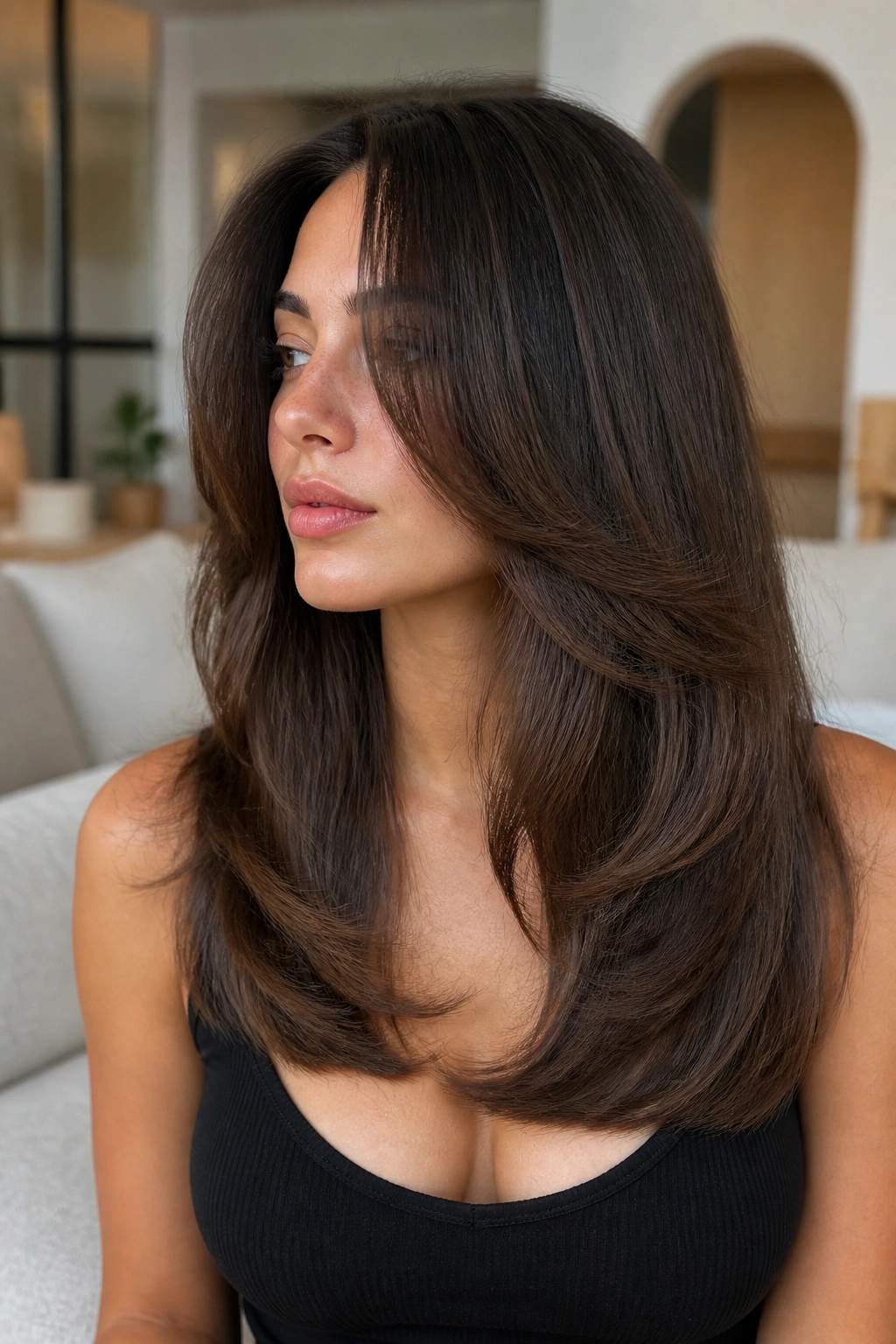 Real woman with U-shape cut and long draped front layers