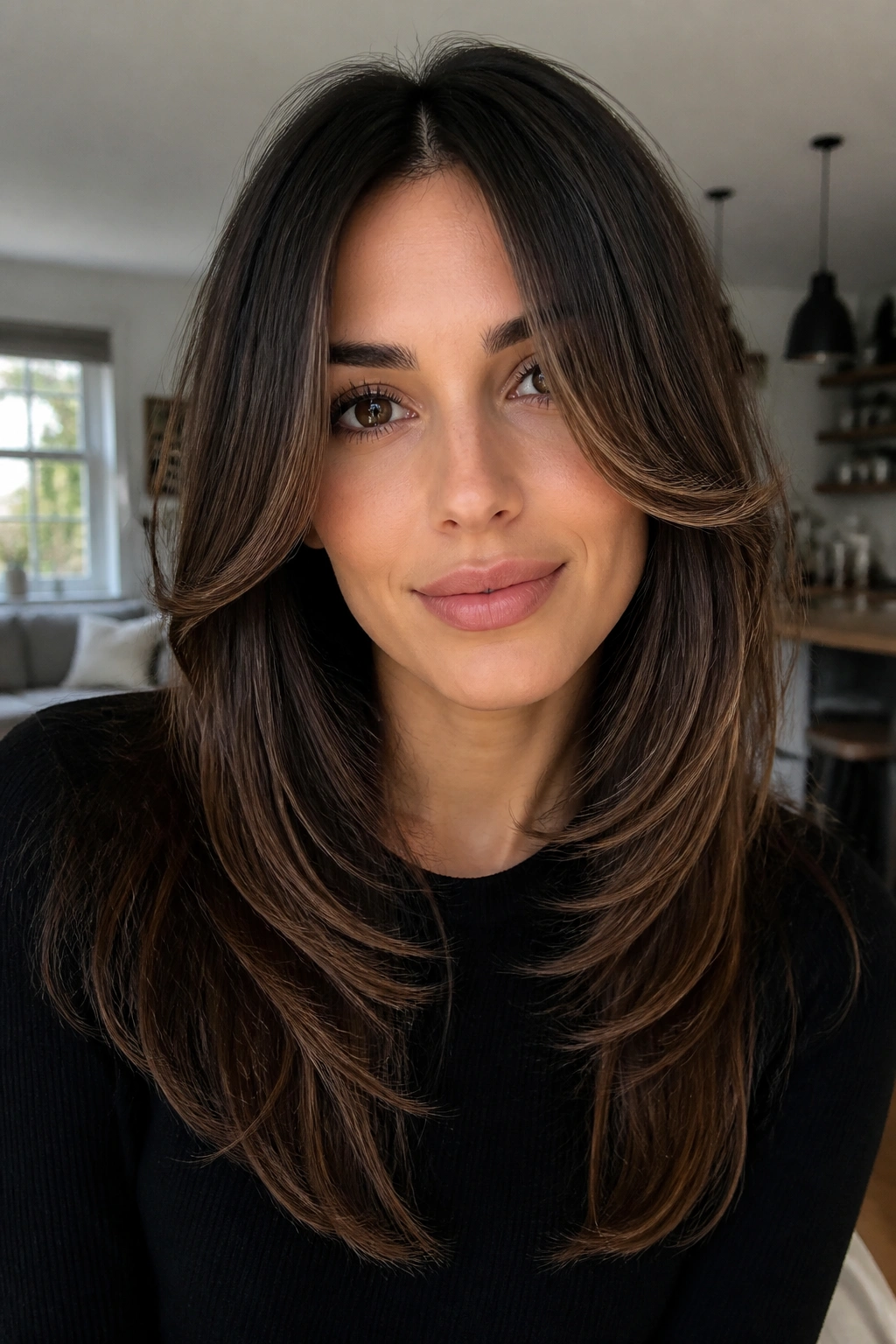 Close-up of a real woman with cheekbone-grazing U-shaped layers