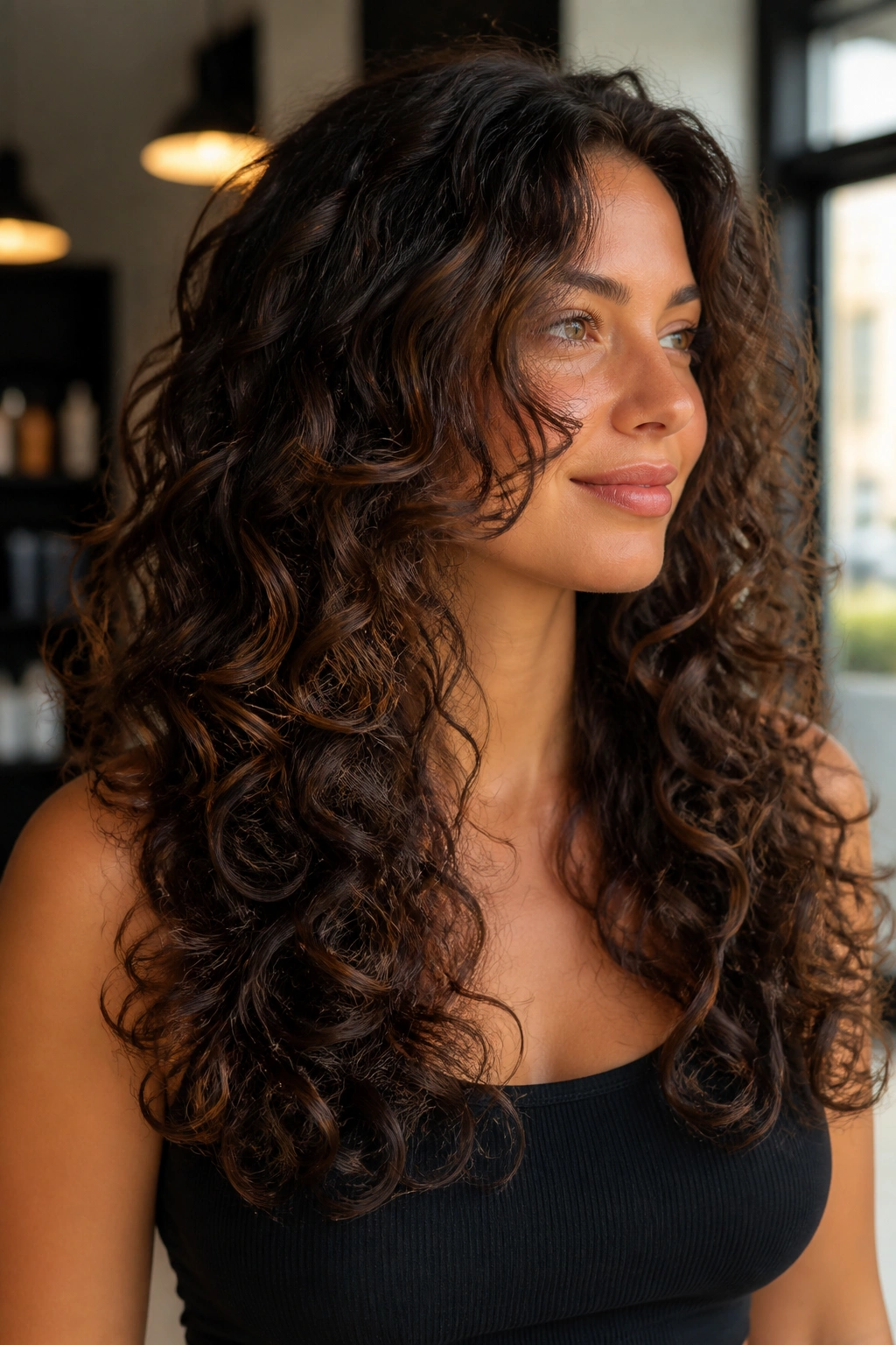 Portrait of a real person with U-shape layered curls and soft face framing under warm light.