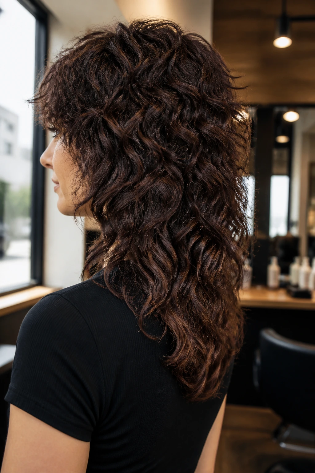Profile view of a real person with a Wolf Cut With a U-Shaped Back featuring a gentle back dip.
