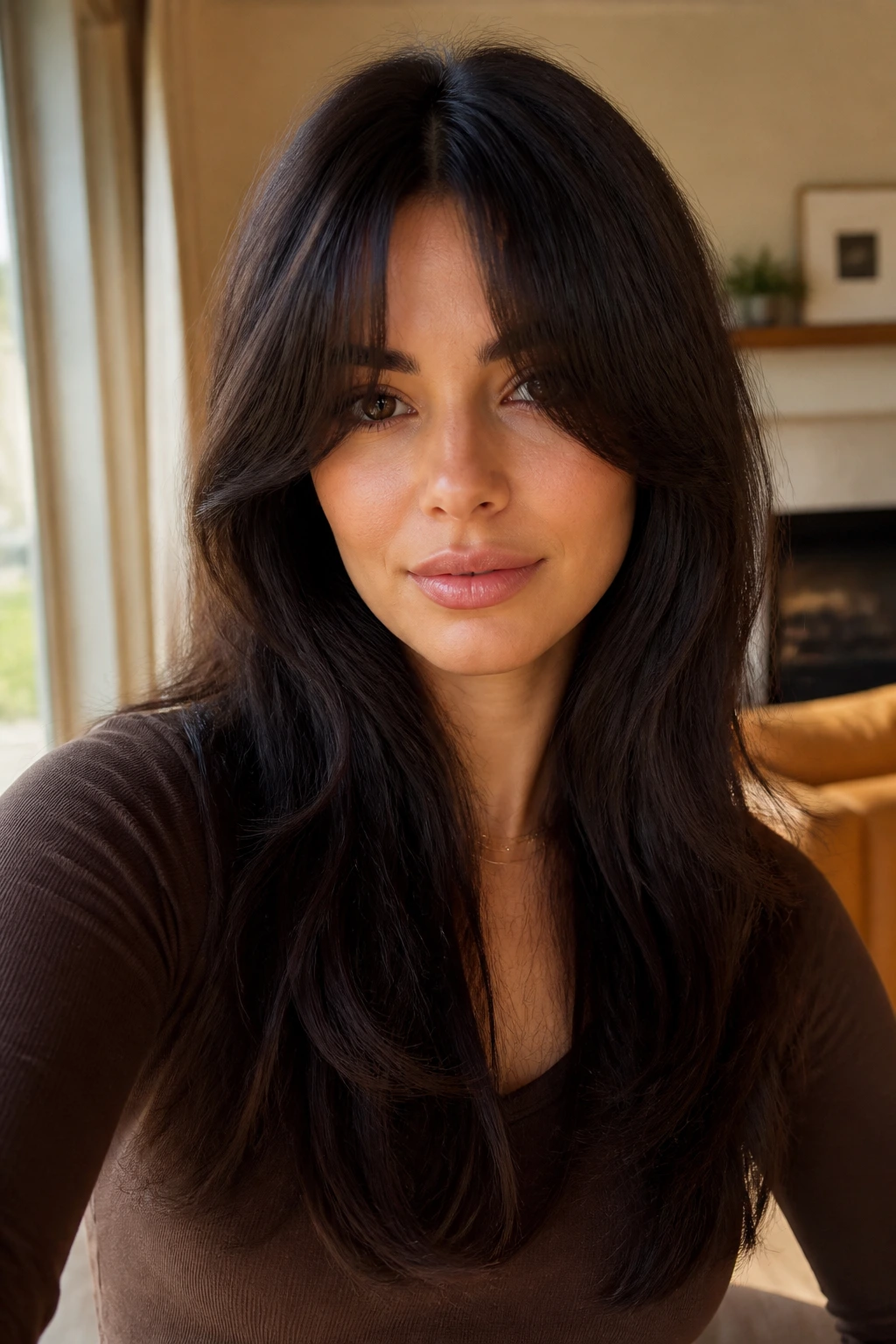 Close-up portrait of a real woman with U-shaped bangs centered and fuller.