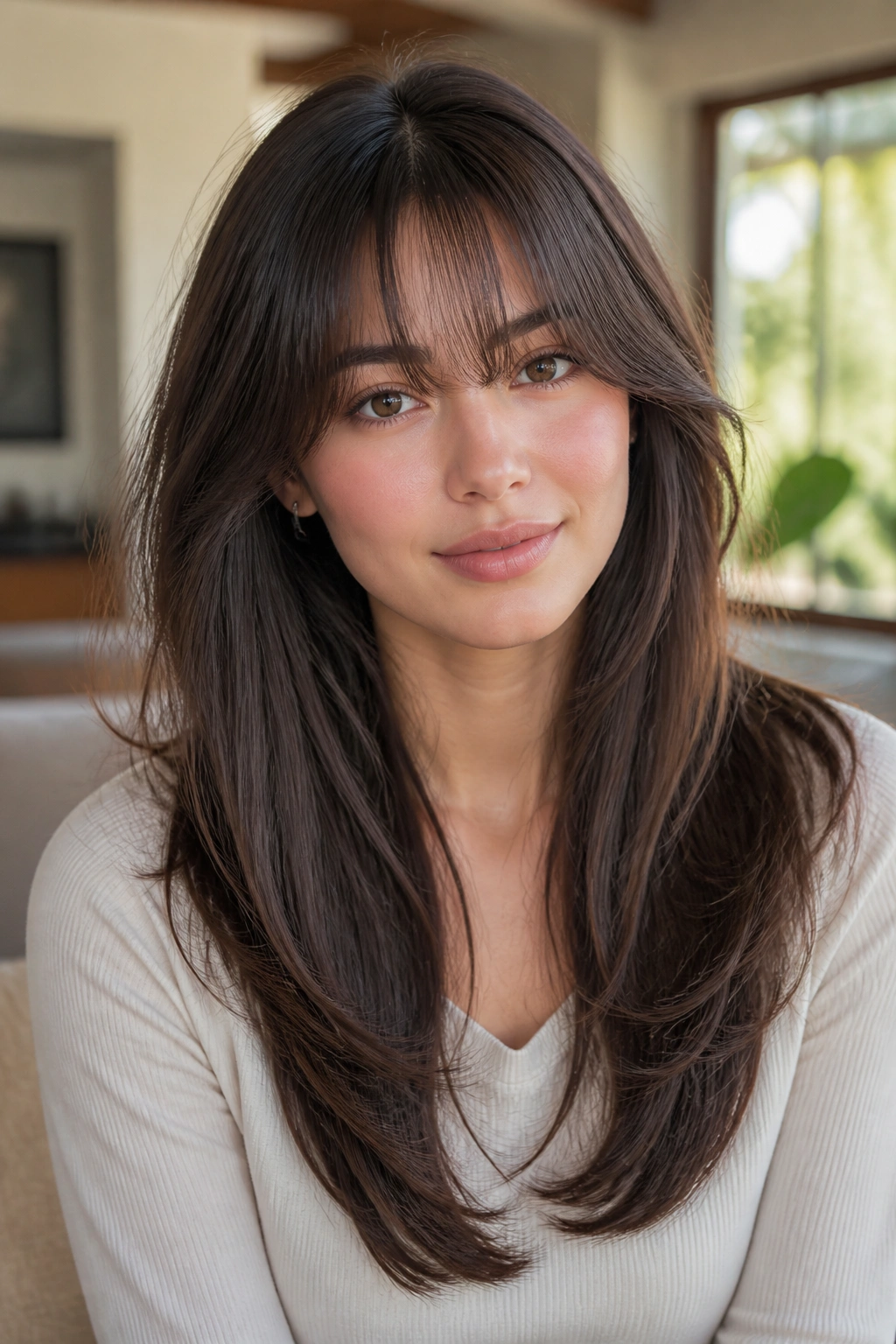 Portrait of a woman with a U-shaped cut and airy bangs
