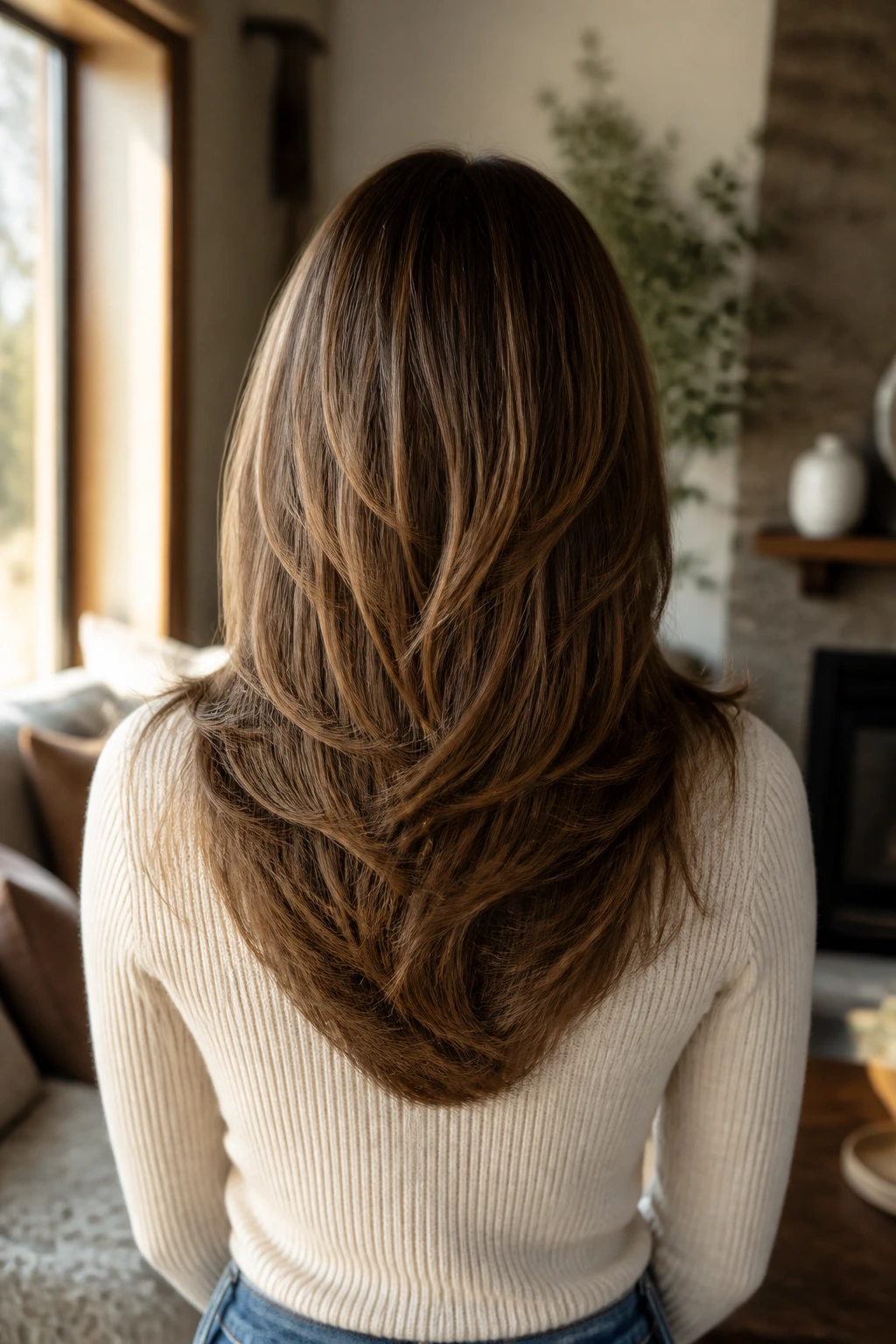 Back view of a real woman showcasing a U-shaped haircut with soft movement