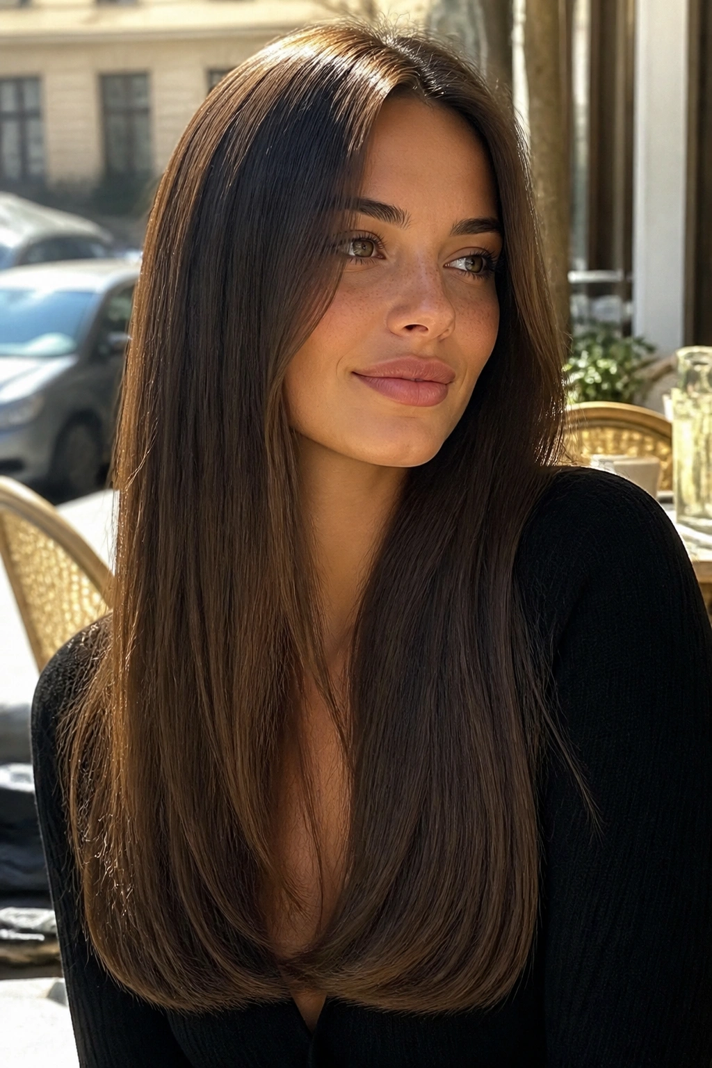 Close-up portrait of a woman with long hair displaying a U-shaped cut with blunt ends in natural light