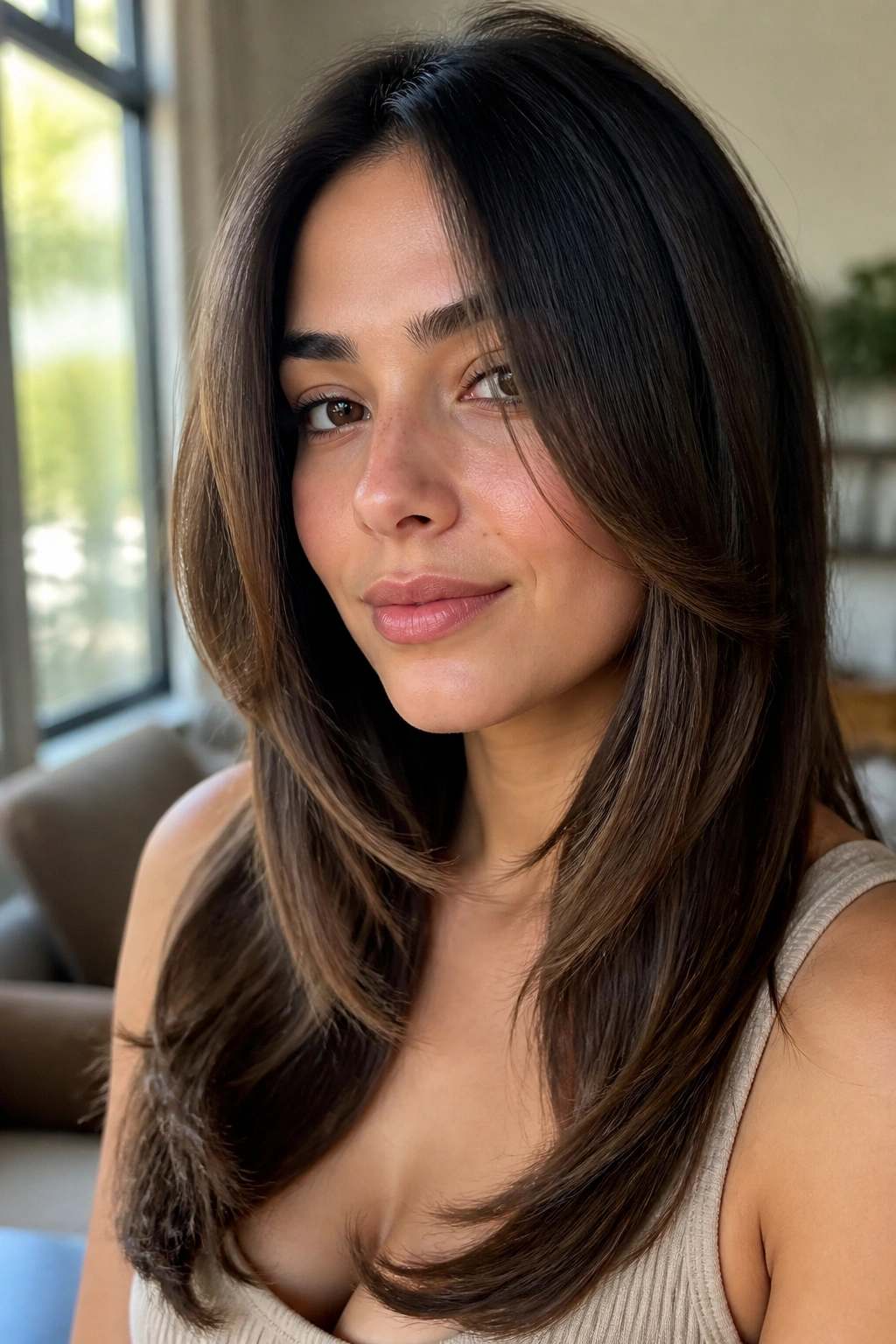 Close-up portrait of a real woman with a U-shaped long cut and face-framing layers by a window