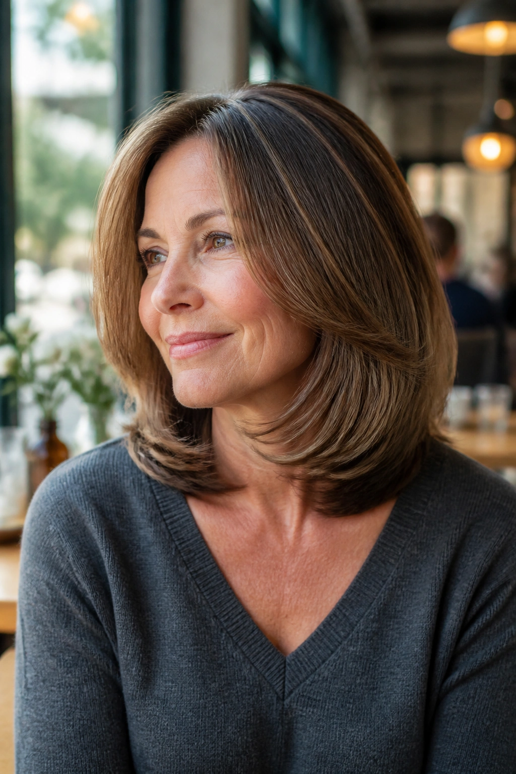 Close-up of a woman with a soft U-shaped shoulder-length cut in warm cafe light