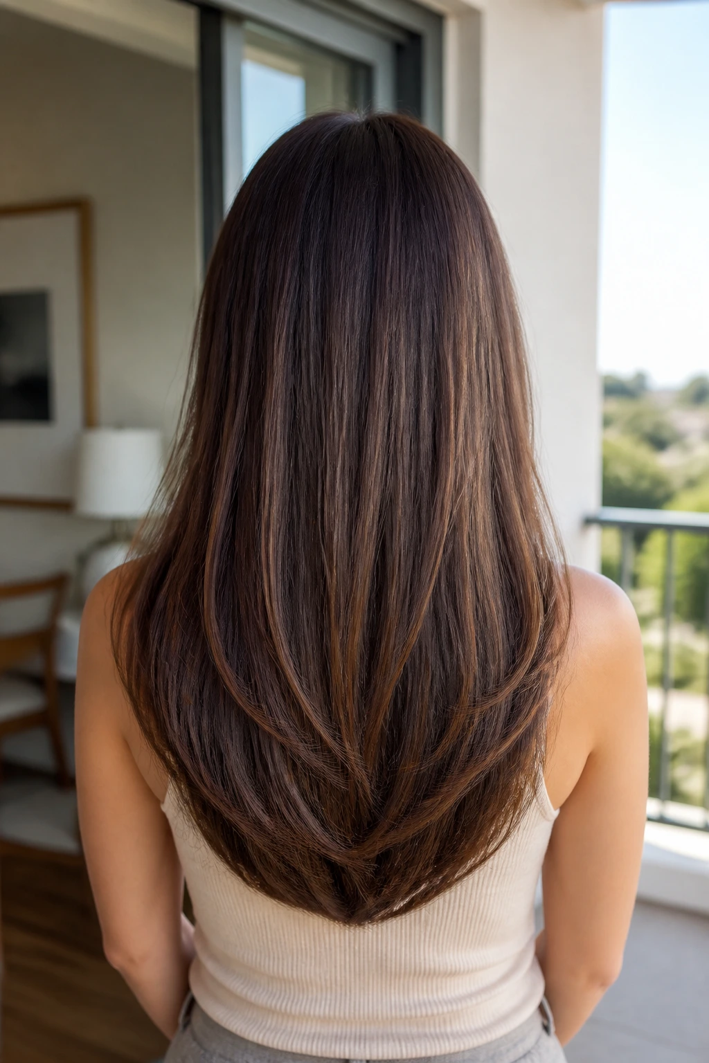 Back view of a woman with long hair in a gentle U-shaped cut