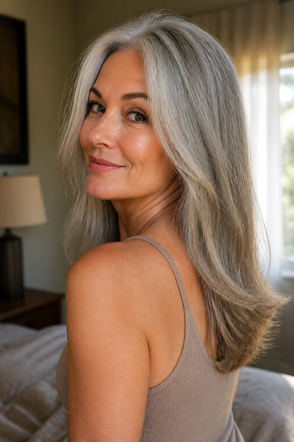 Close-up portrait of a real woman showing a soft U-shaped cut at the nape with warm window light
