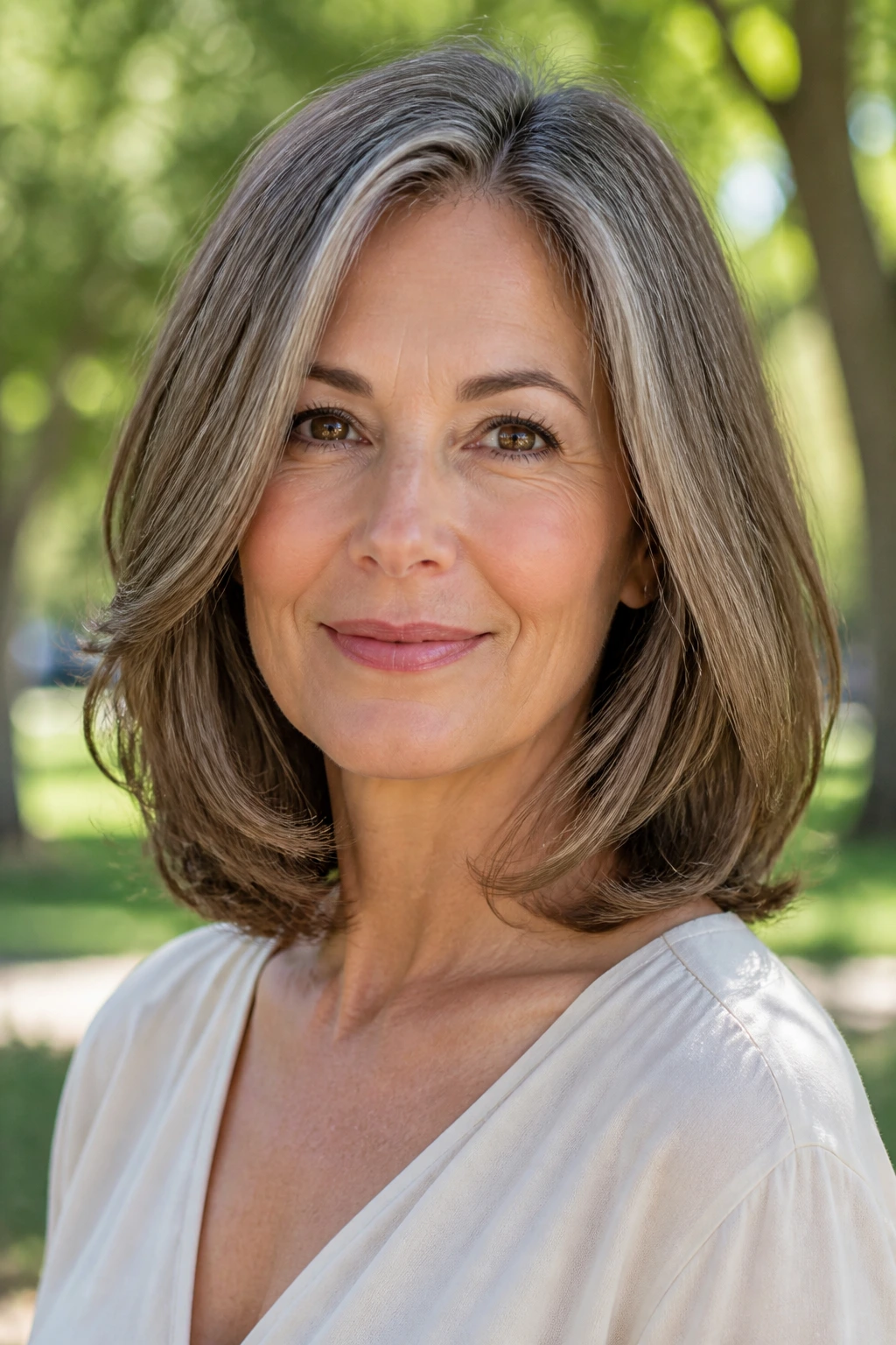 Close-up portrait of a real woman with a U-shaped cut following a soft curve on shoulder-length hair