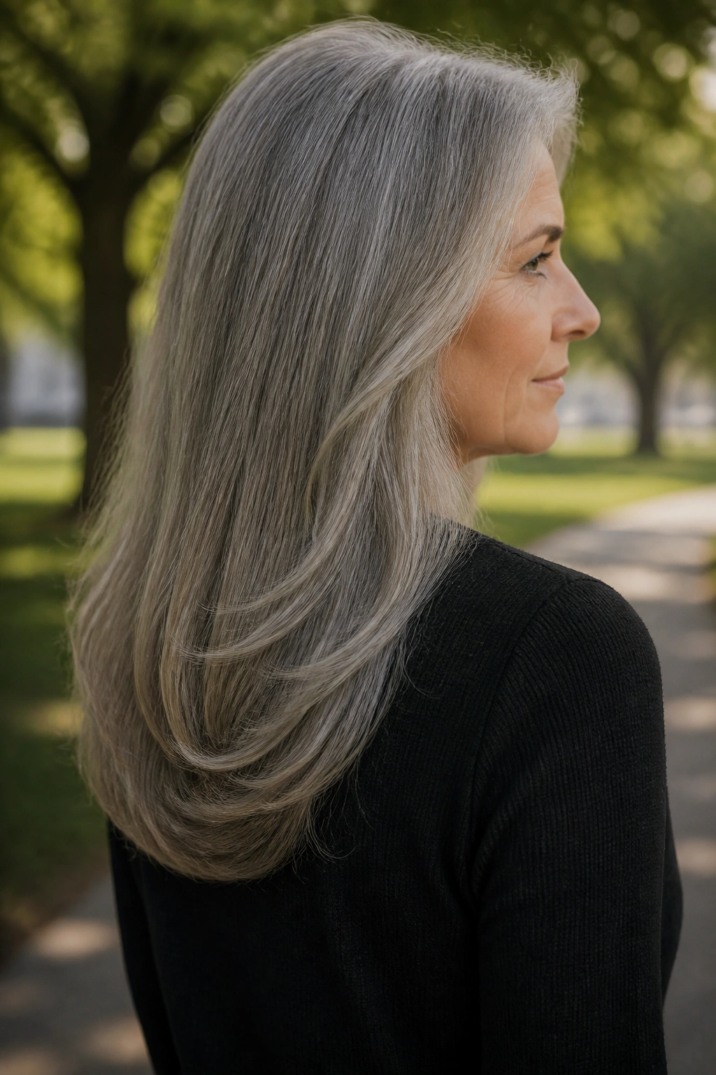 Three-quarter rear portrait of a real woman showing the U-shaped cut at the nape.