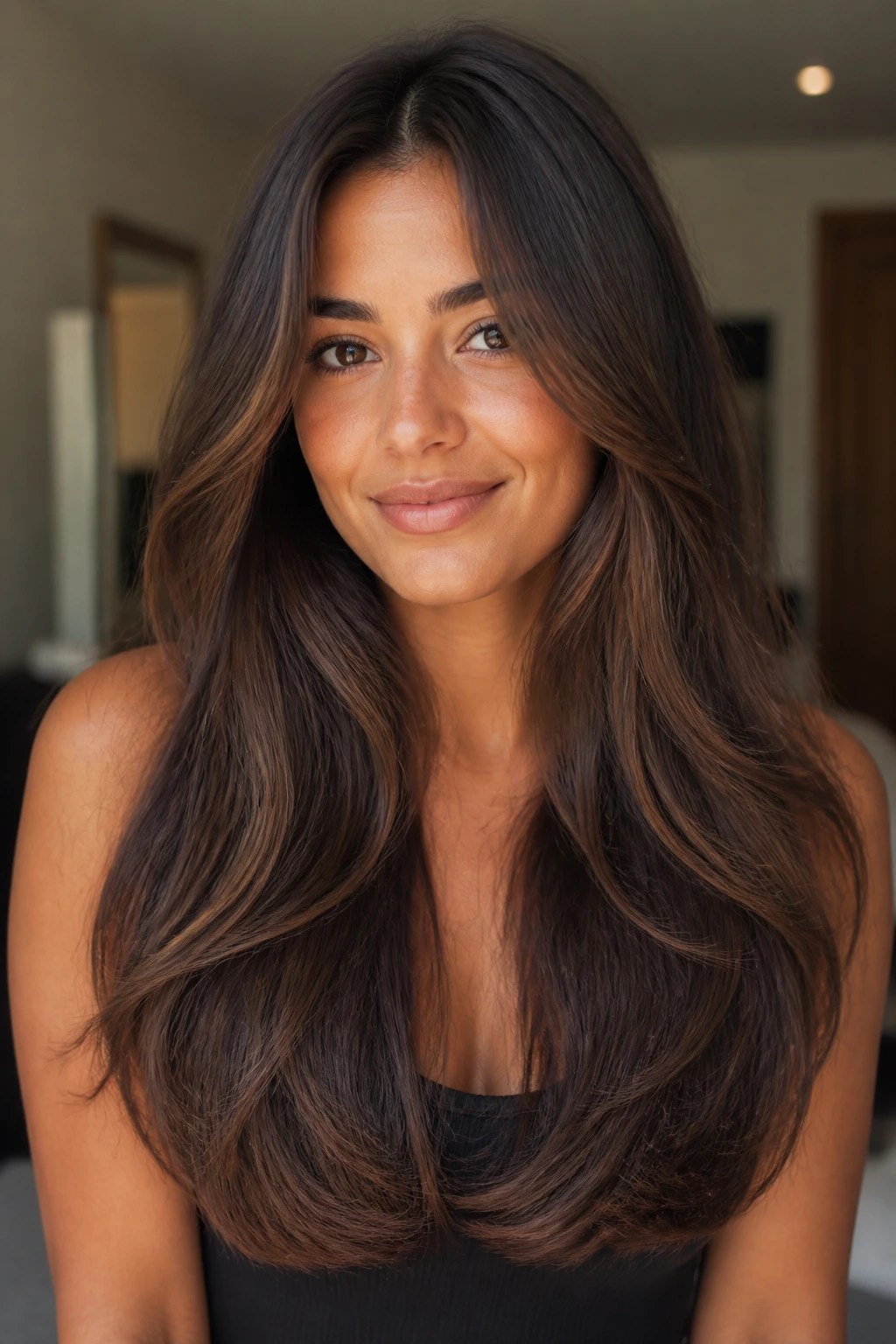 Close-up of real woman with U-shaped cut soft ends and full length