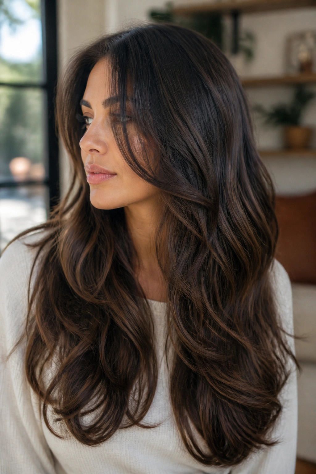 Close-up of a woman with a soft U-shaped cut and long waves, in natural light