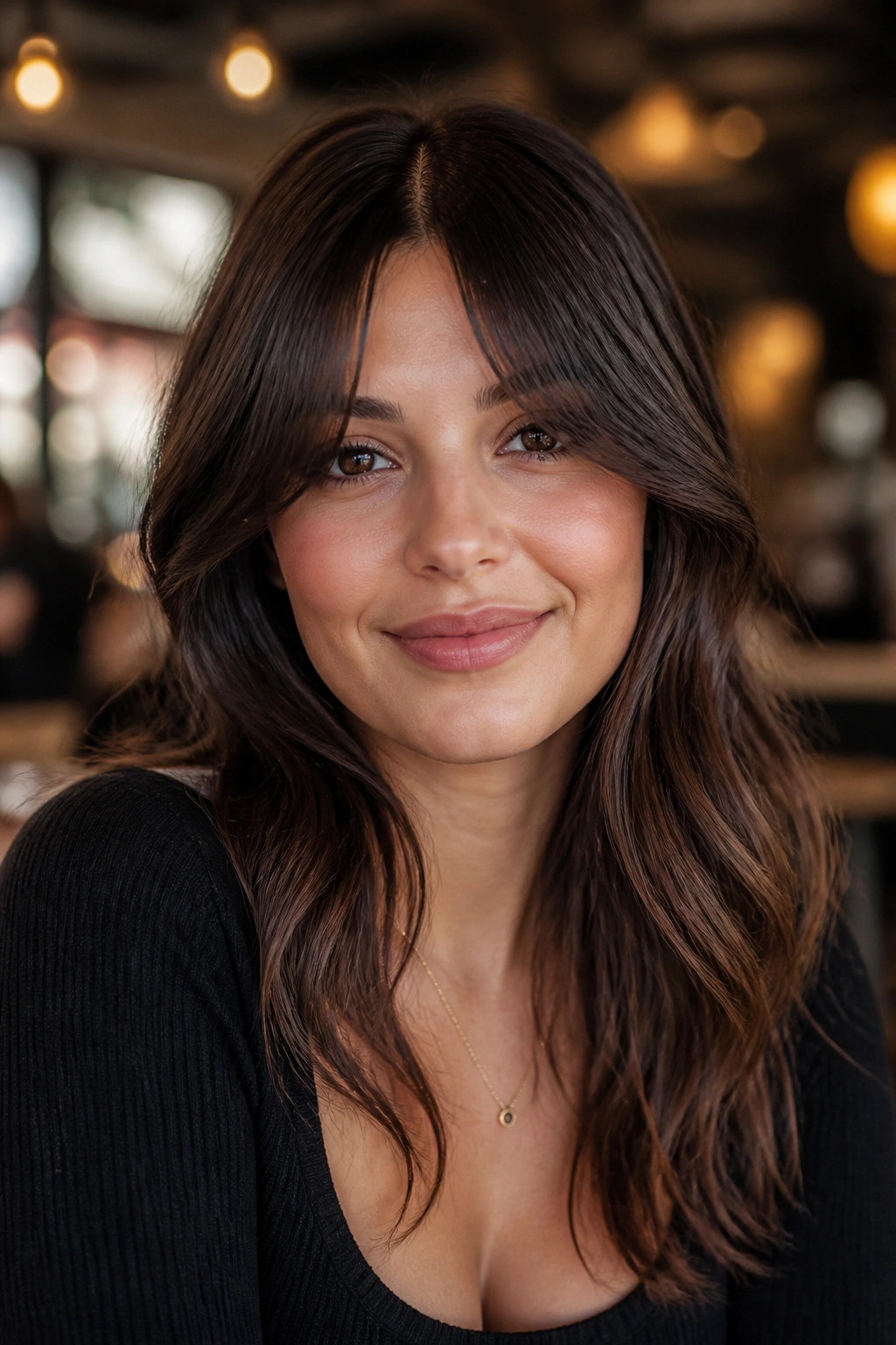 Close-up portrait of a real woman with a U-shaped fringe opening in the center.