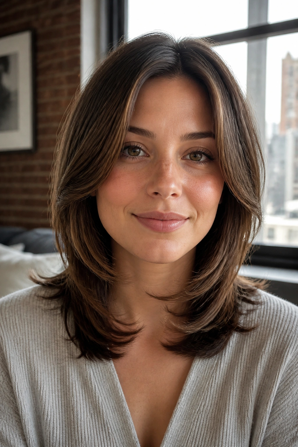 Close-up of real woman with U-shaped shoulder-length step cut