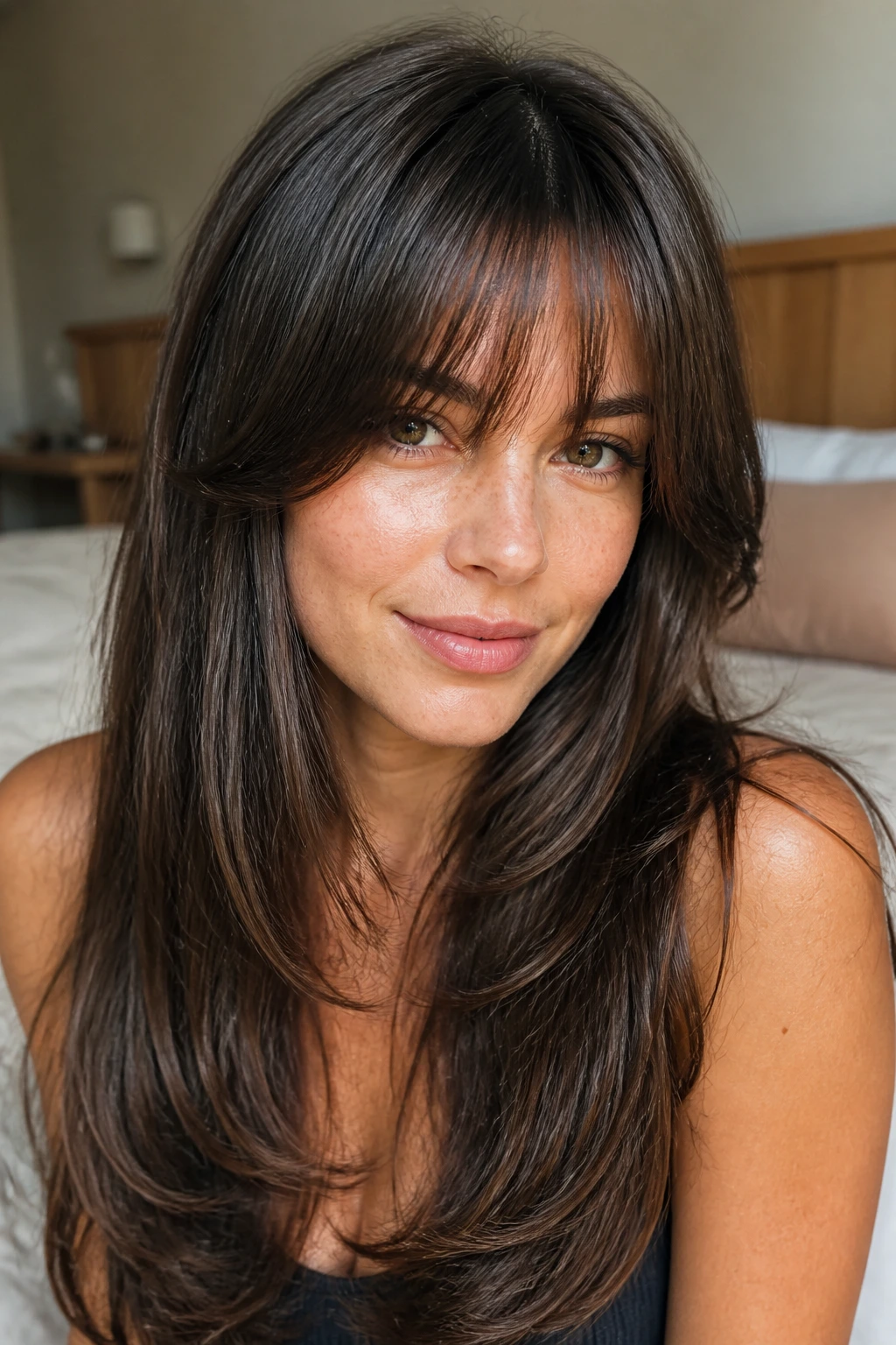 Close-up of a real woman with U-shaped front layers and feathered bangs in soft home light.