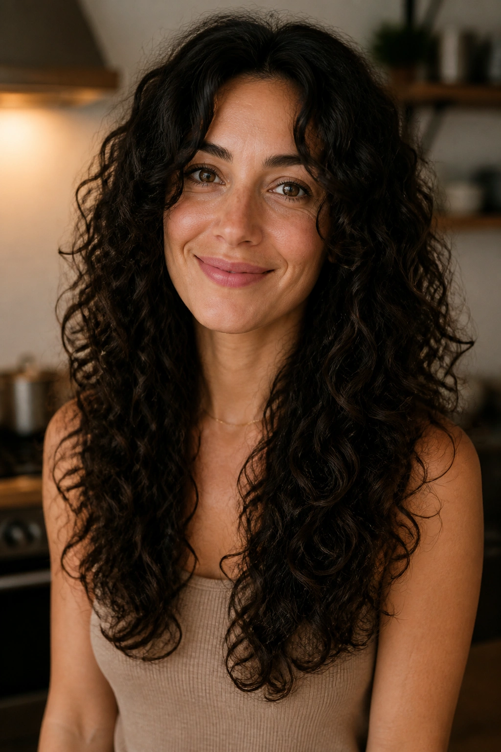 Close-up of a real woman with U-shaped layers and gentle fall