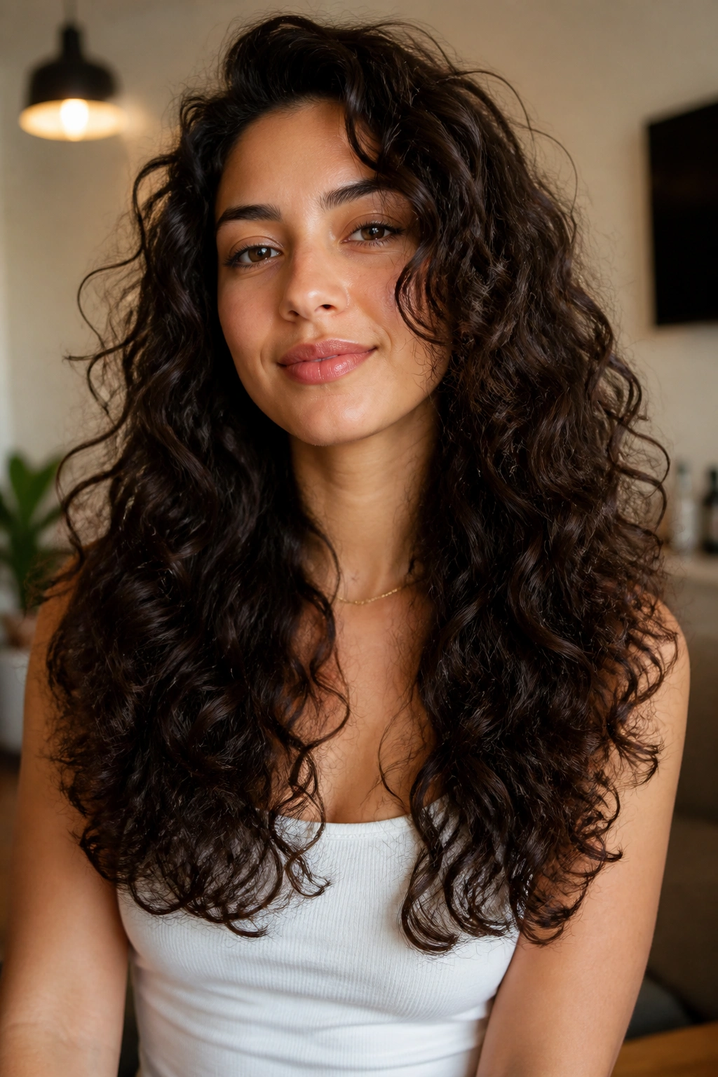 Close-up of a real woman with long U-shaped layered curls