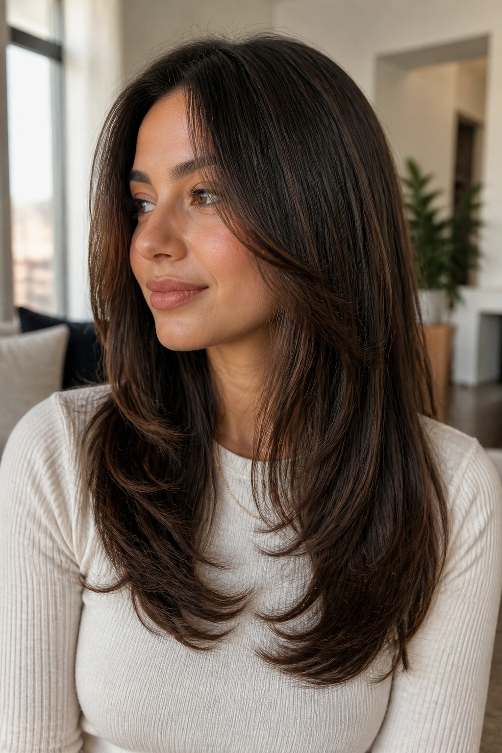 Medium close-up of a real woman with U-shaped long layers and full ends in natural light.
