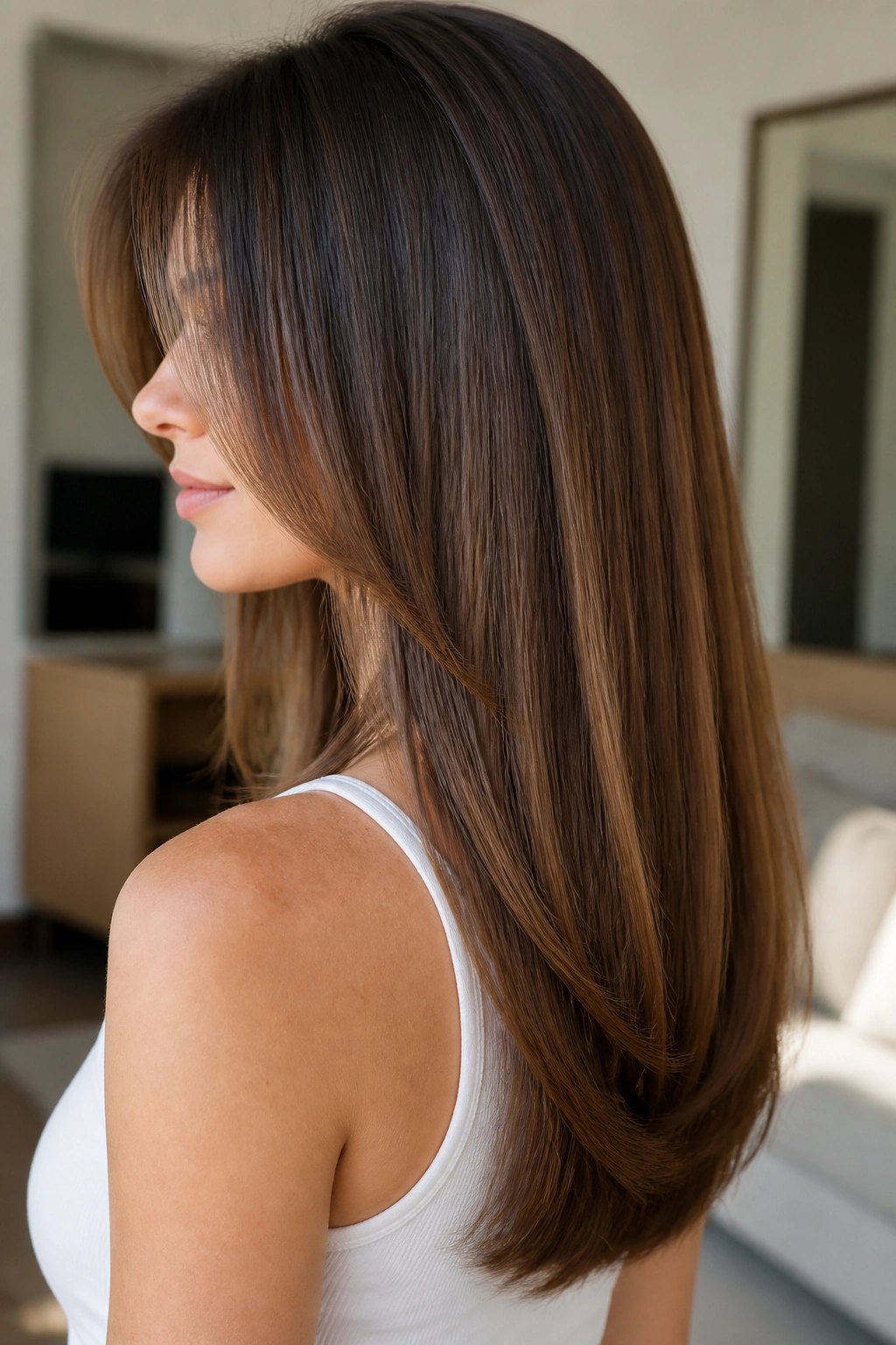 Portrait of a person with U-shaped layers and full length hair