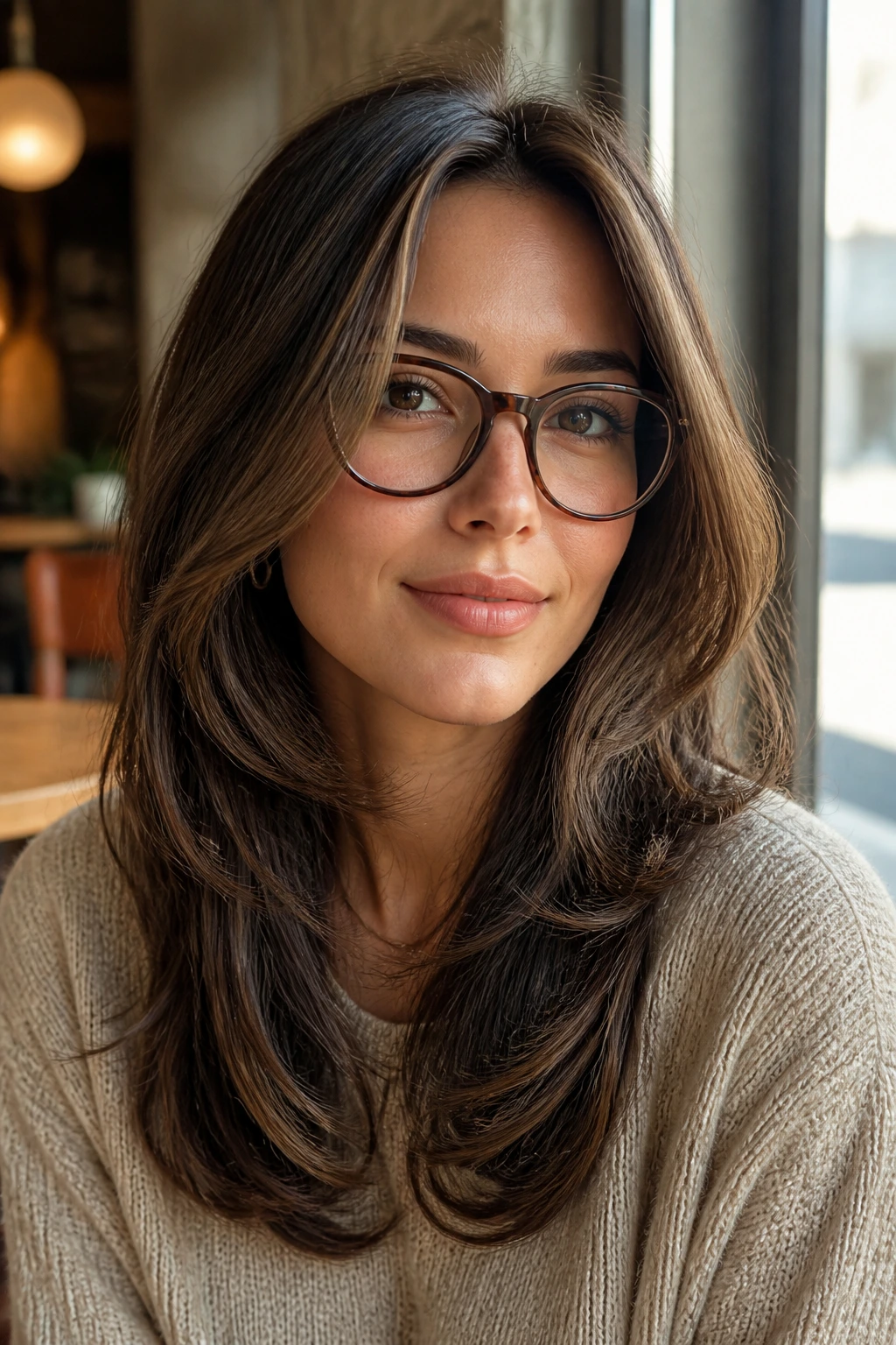 Close-up portrait of a real woman with U-shaped long layers and glasses