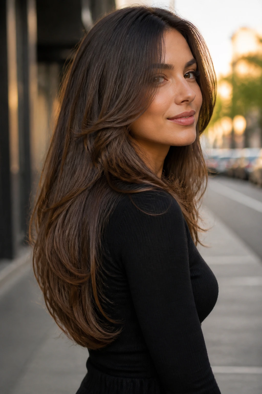 Close-up of a real woman displaying U-shaped layers with curved back perimeter