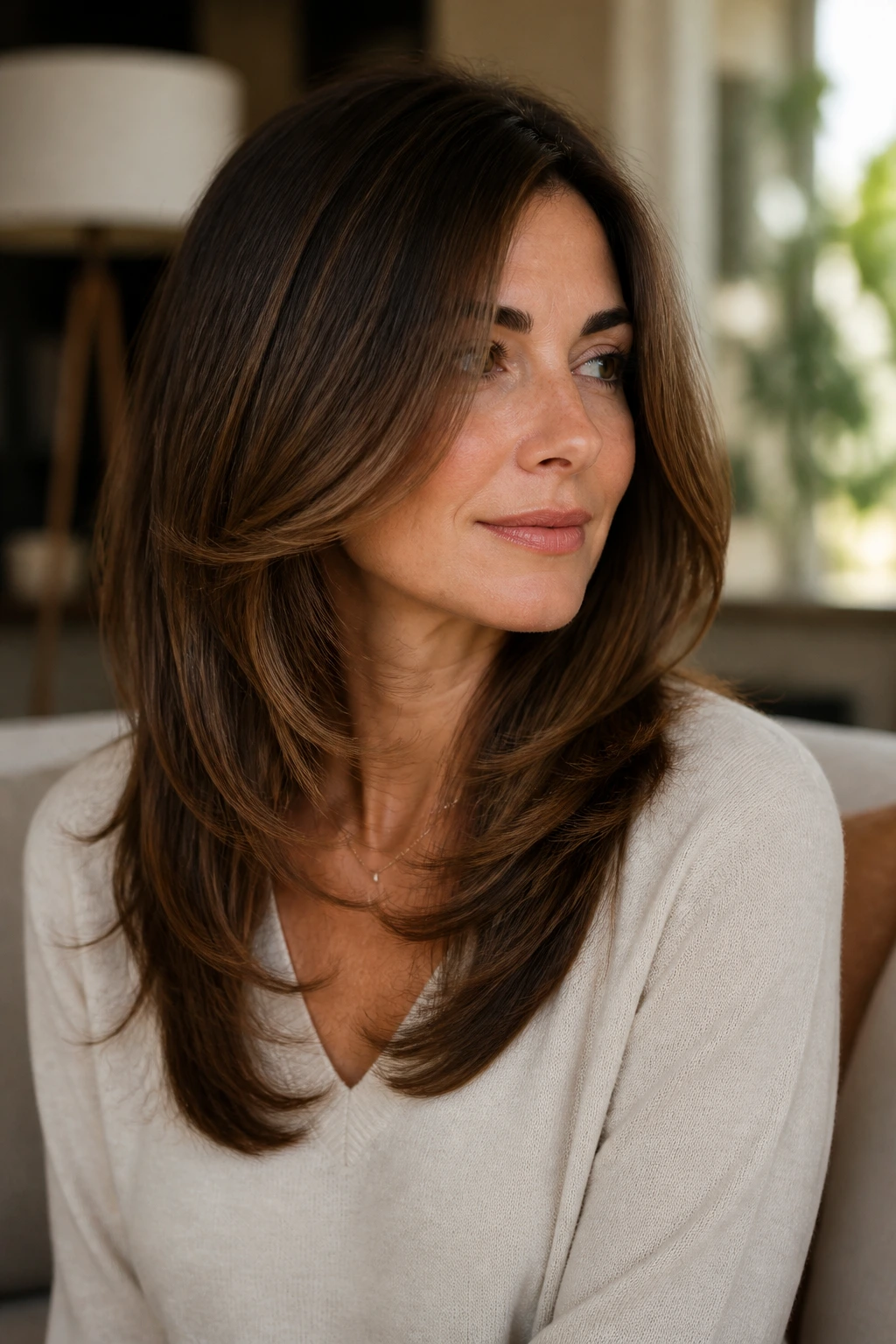Close-up of a real woman with U-shaped layers keeping length