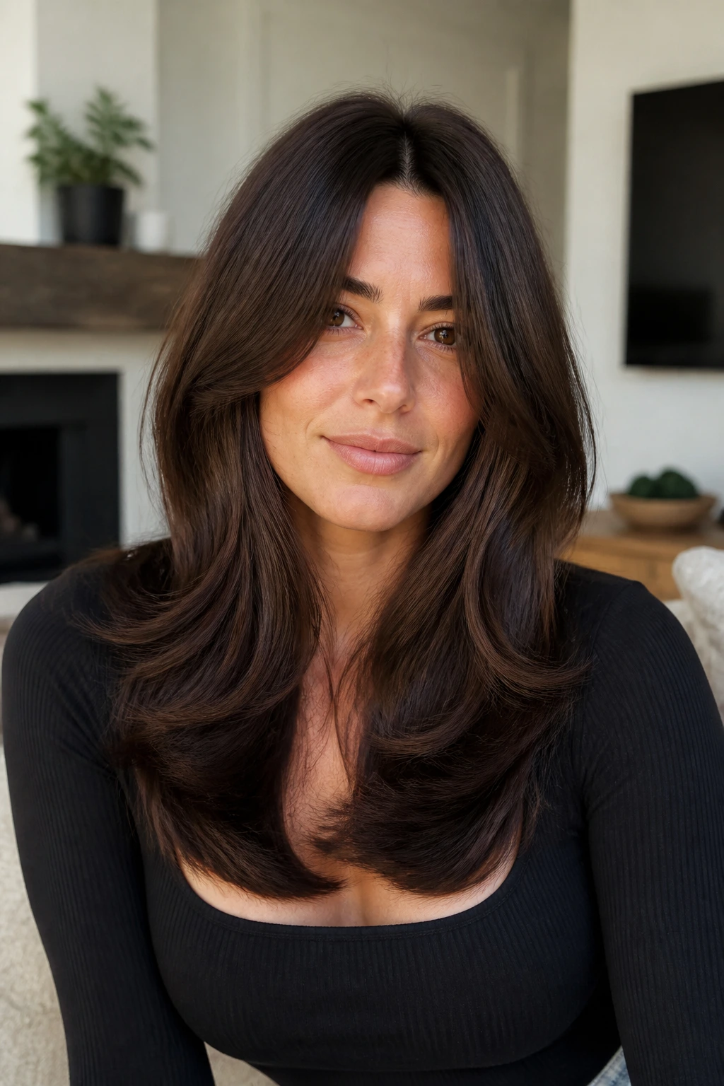 Close-up of real woman with subtle U-shaped layered length