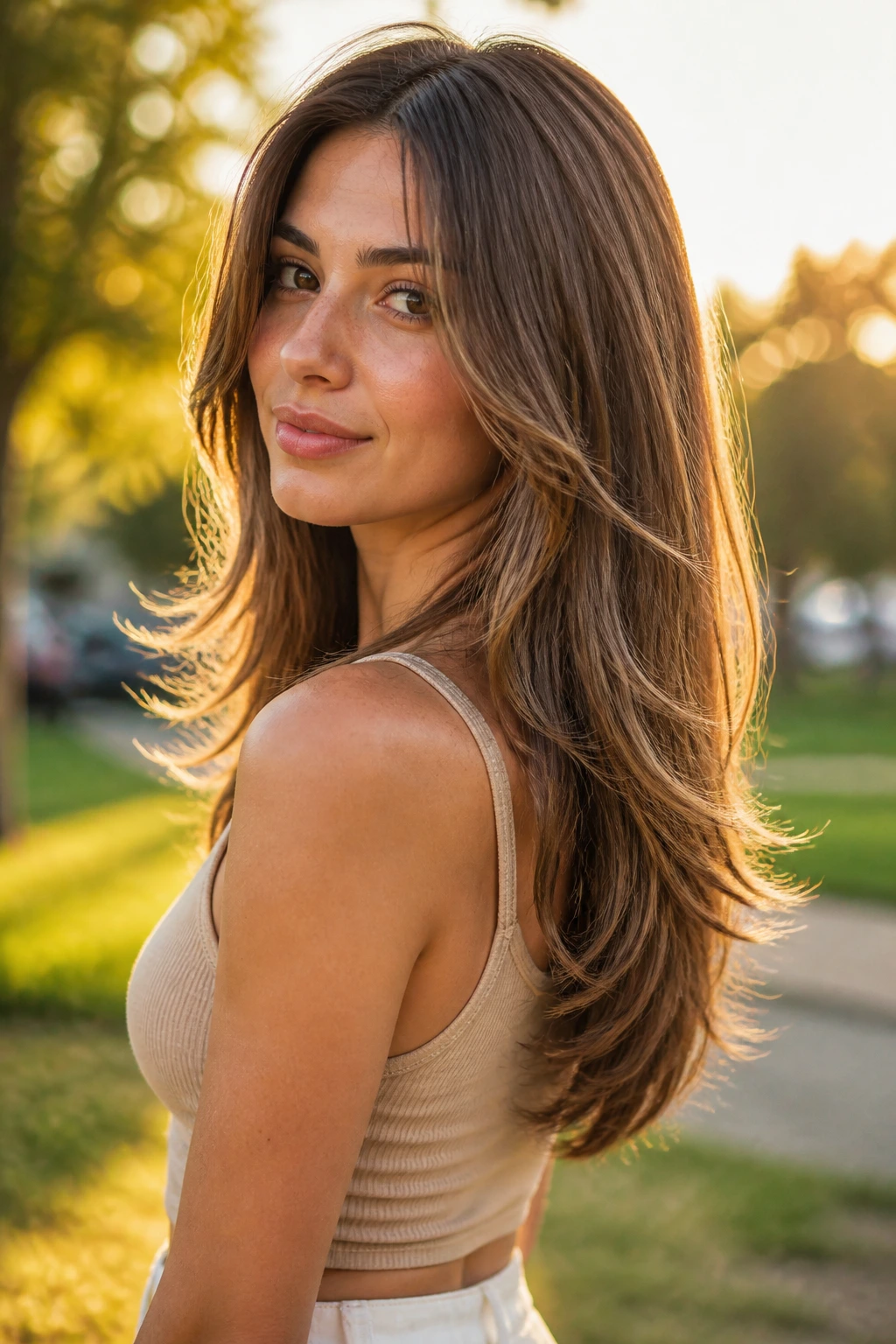 Portrait of a real woman with U-shaped layers forming a soft back curve.